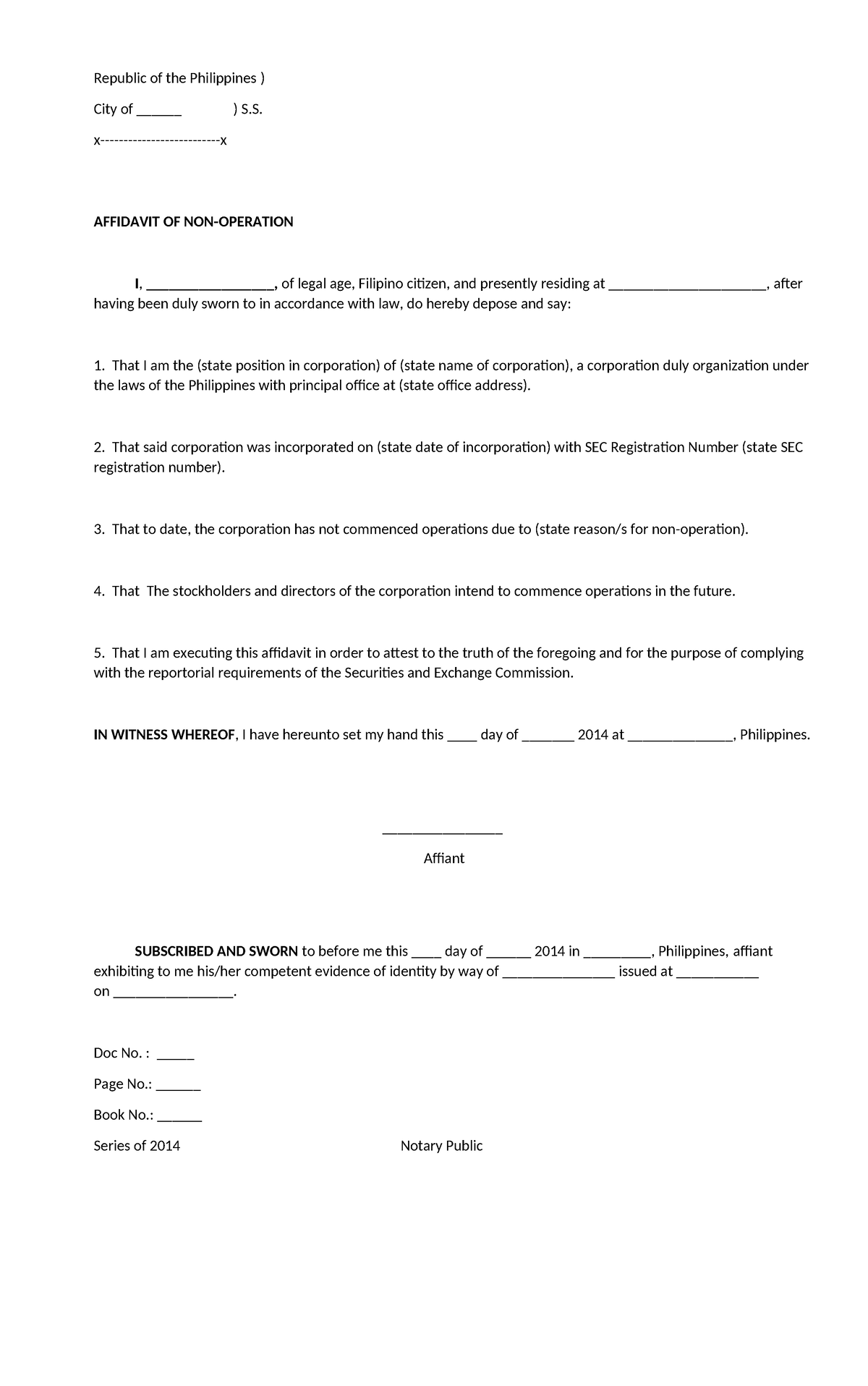 Affidavit of NO Operation - Republic of the Philippines ) City of ...