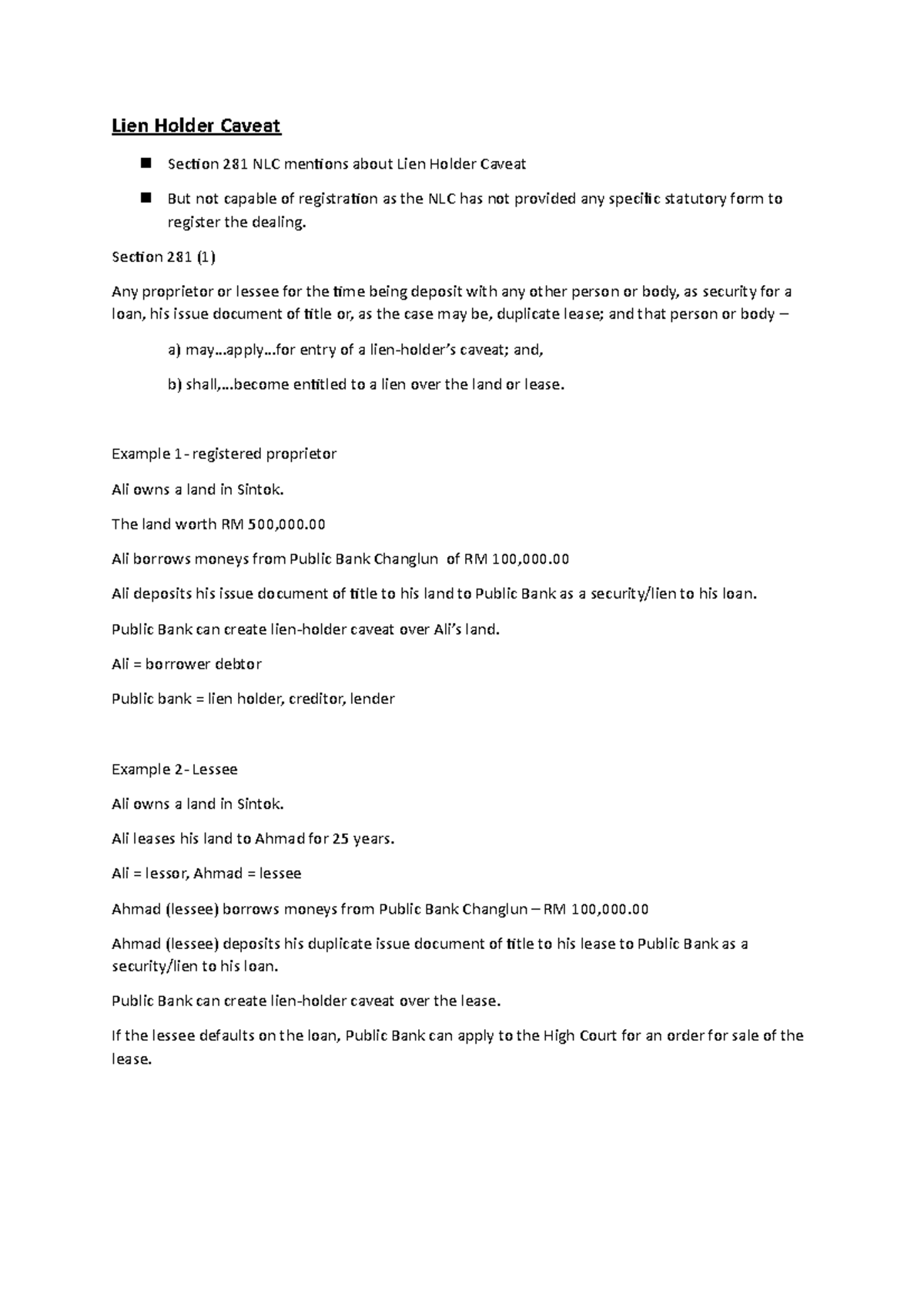 Lien Holder Caveat Land Law II Lien Holder Caveat Section 281 NLC