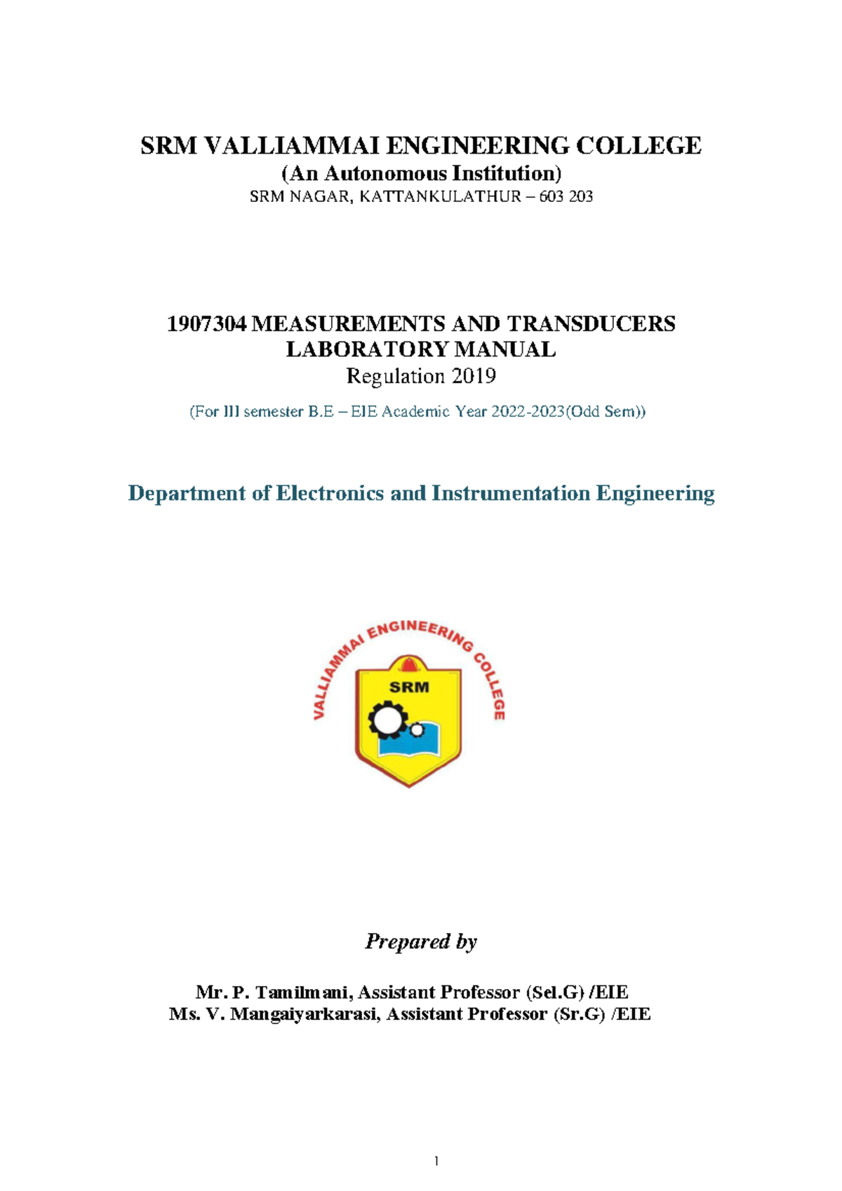 1907304 masurements and transducers laboratory manual - SRM VALLIAMMAI ...