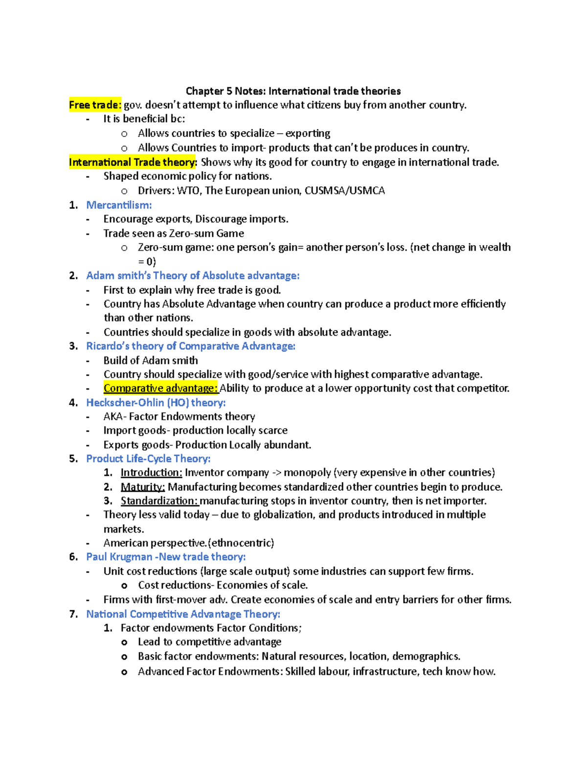 Chapter 5 Notes - Chapter 5 Notes: International trade theories Free ...