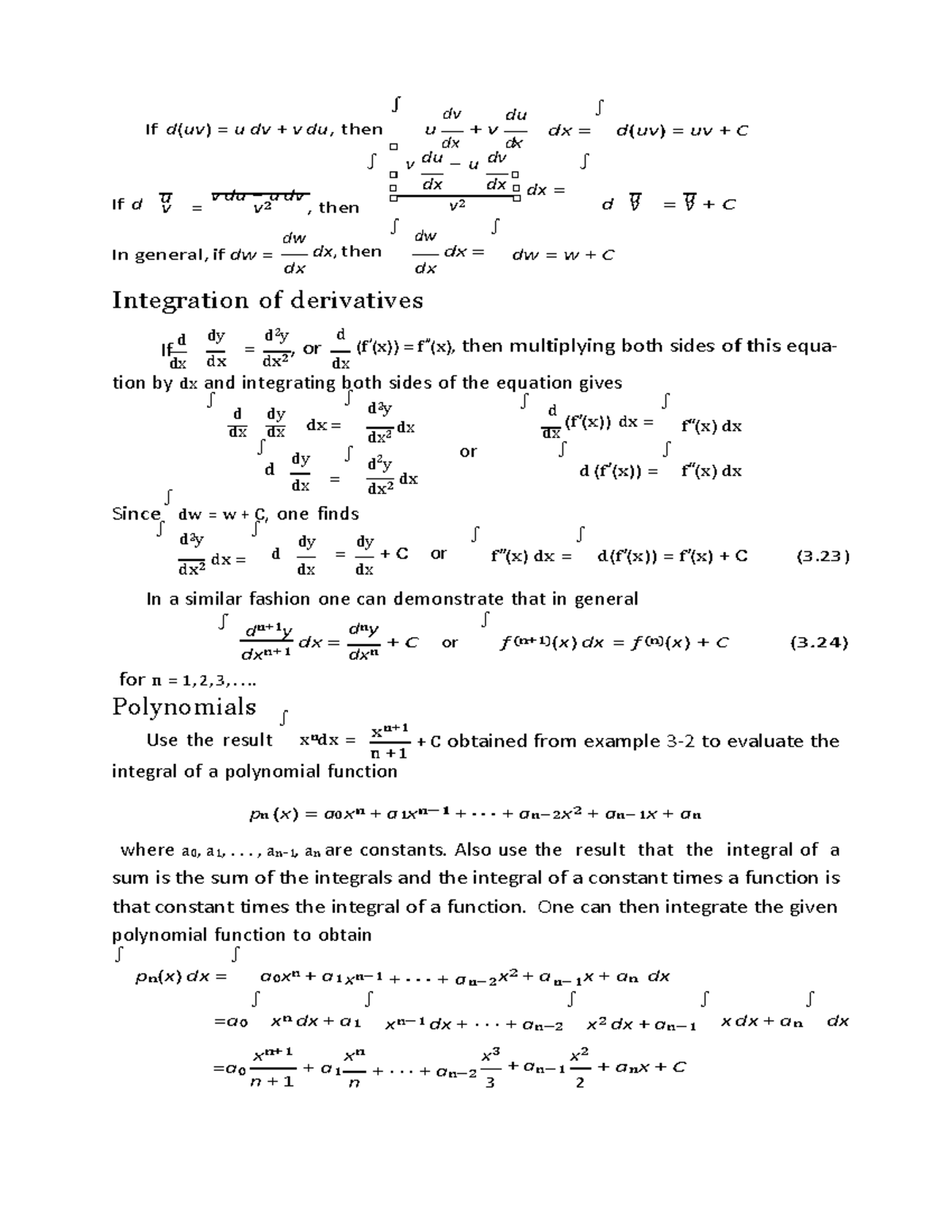 Integral Calculus-2 - Learning - n n 0 1 n− 2 n− 1 n ∫ dv If d(uv) = u ...