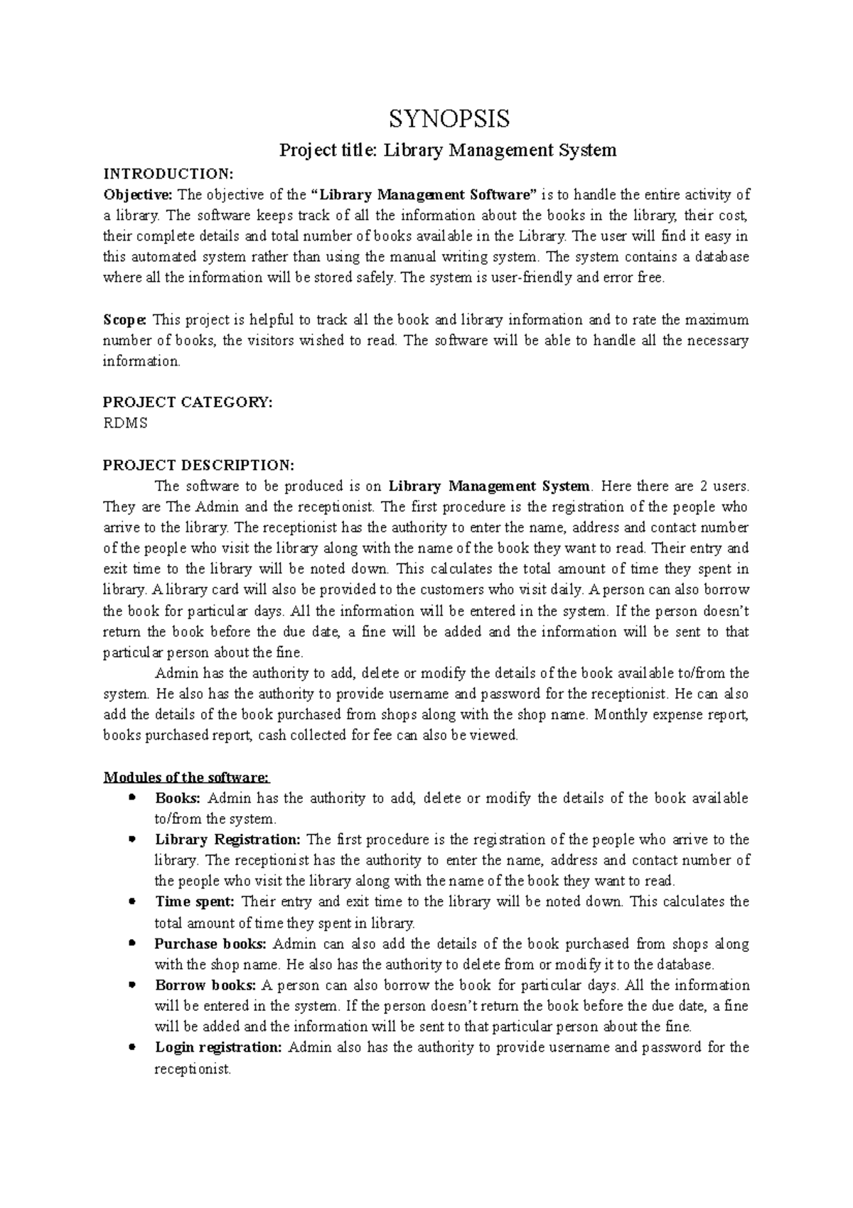 Synopsis Project title Library Managemen - SYNOPSIS Project title ...
