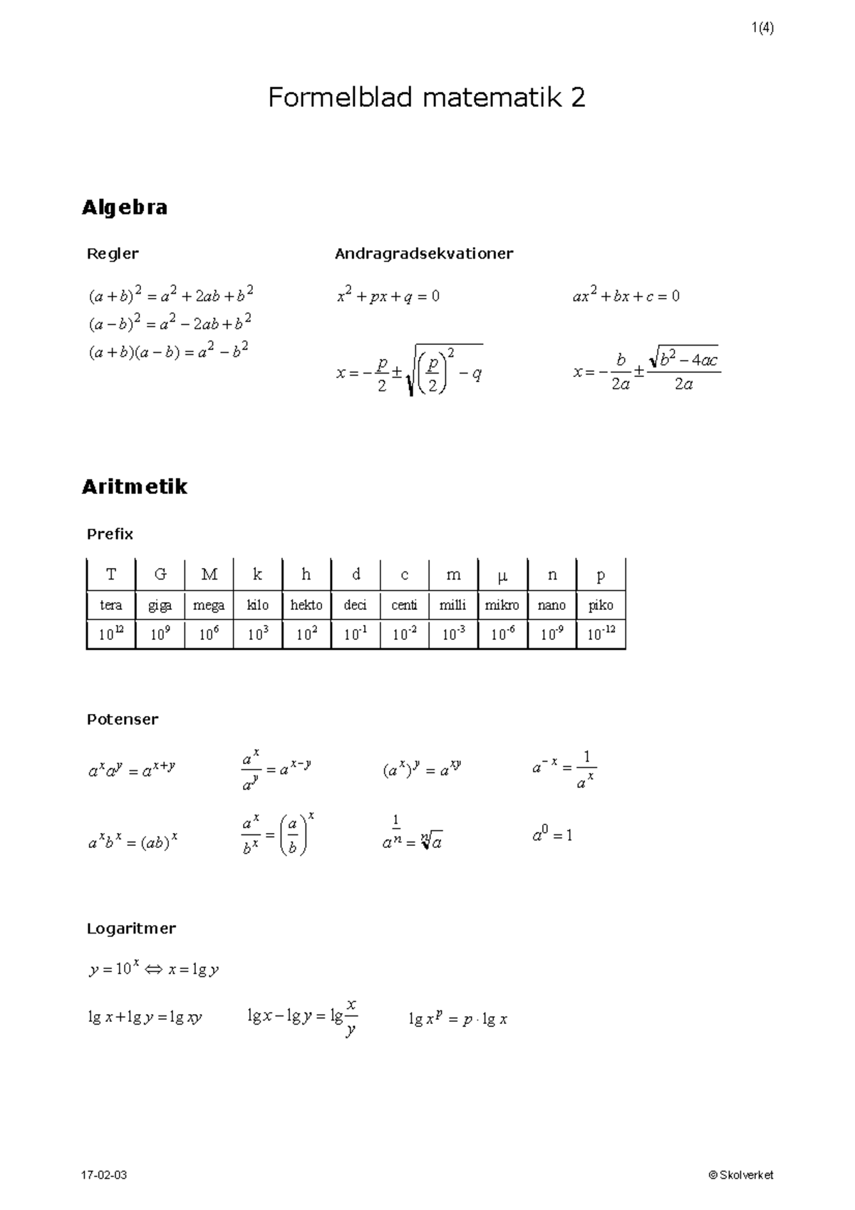 Formelblad Som Delvis Kan Vara Till Hjälp Till Examen - Formelblad ...