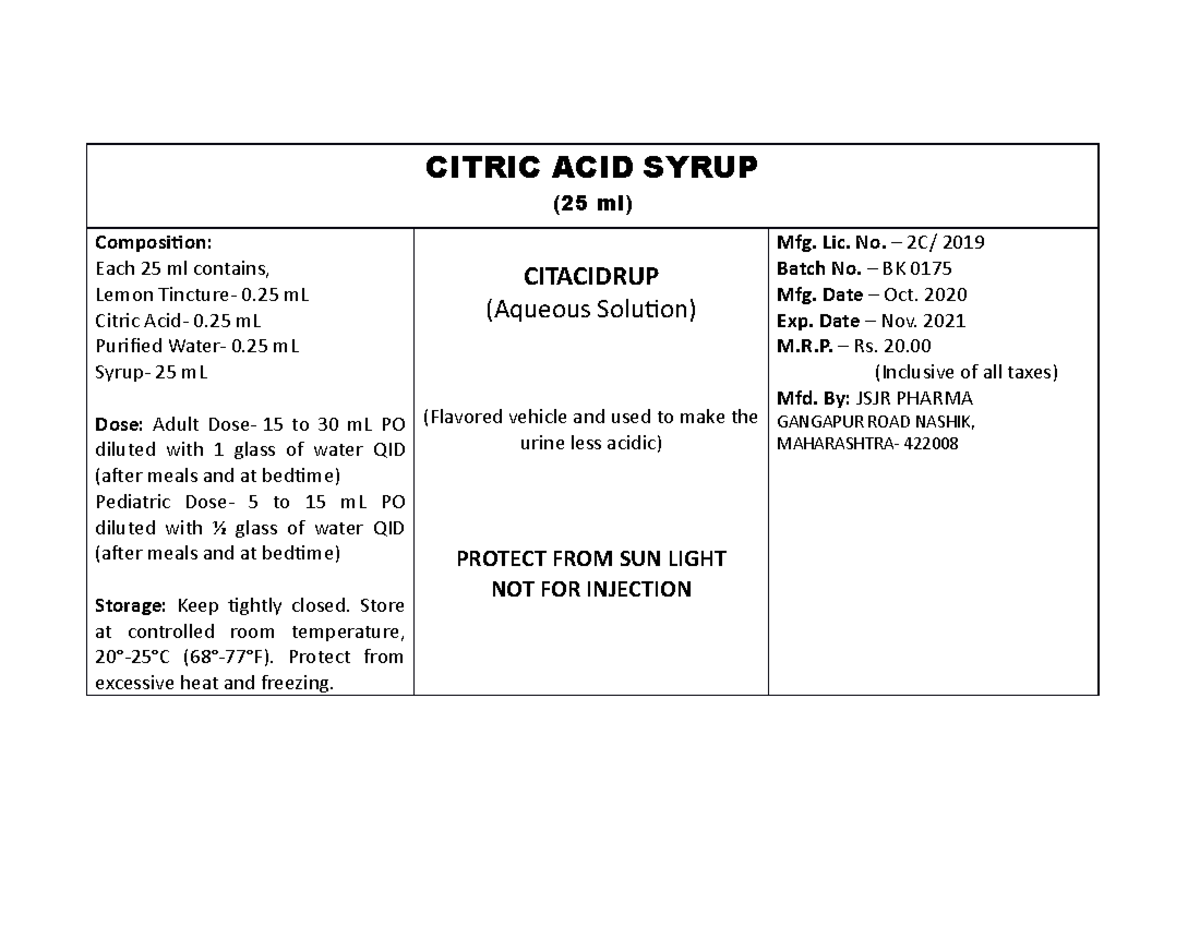 Ex 23 Citric Acid Syrup dfdsfdsfsd CITRIC ACID SYRUP (25 ml) Composition Each 25 ml