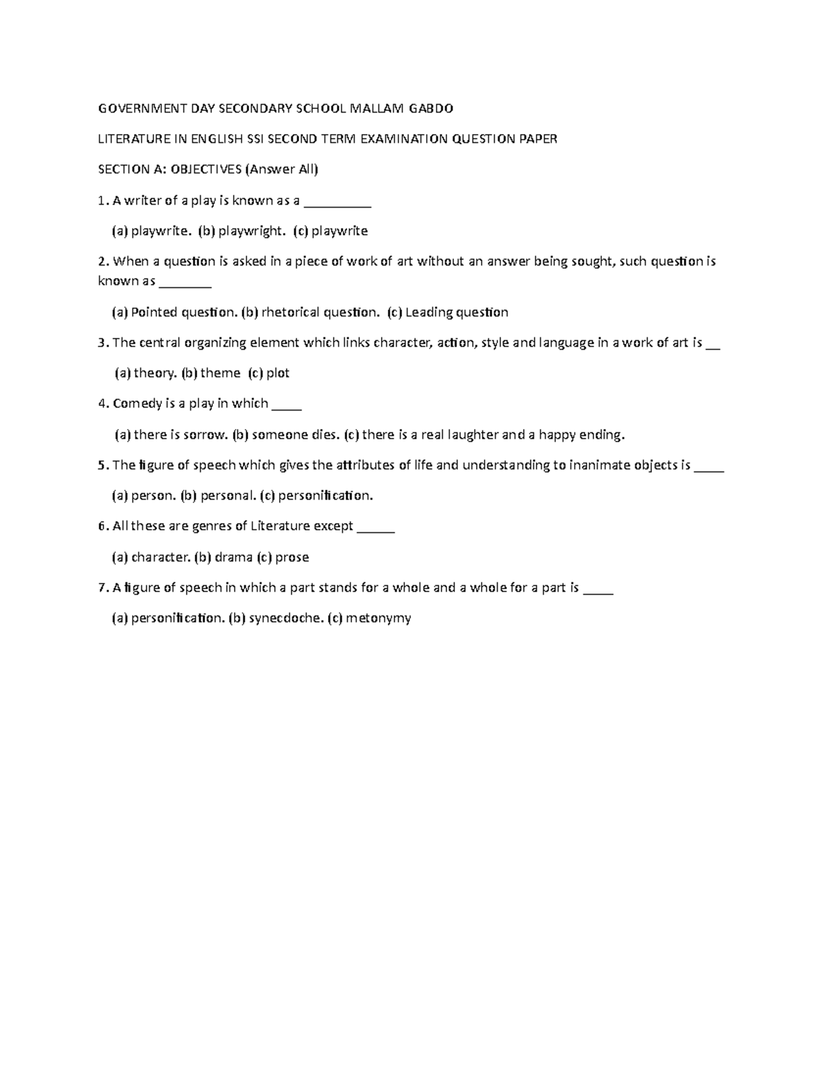 Ss1 exam Question GOVERNMENT DAY SECONDARY SCHOOL MALLAM GABDO