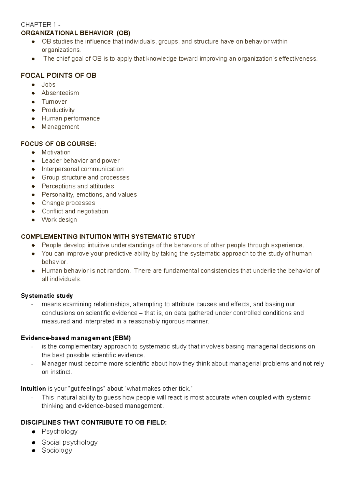 Copy of HBO Notes - CHAPTER 1 - ORGANIZATIONAL BEHAVIOR (OB) OB studies ...