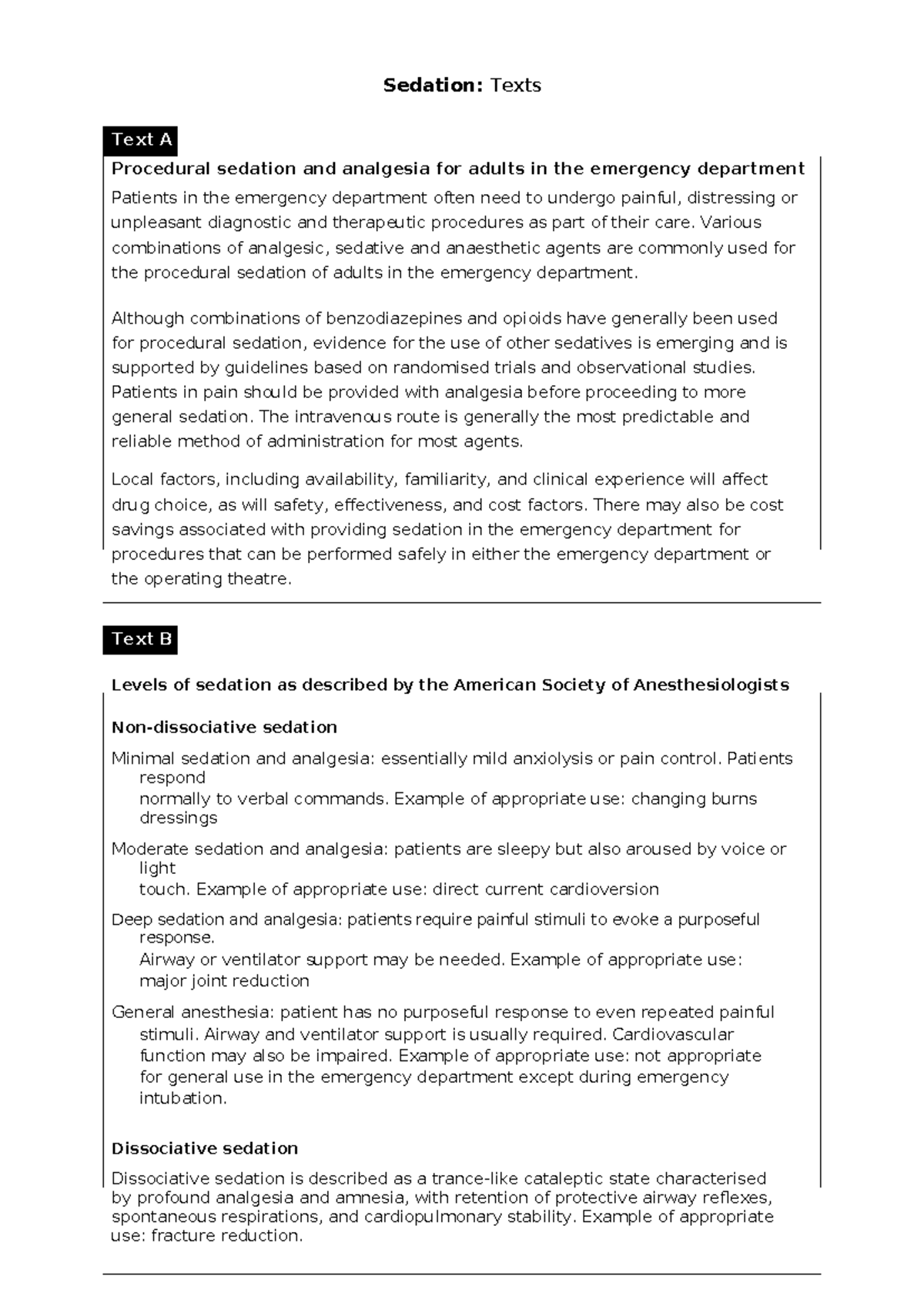 Sedation - Summary - Sedation: Texts Text A Procedural sedation and ...