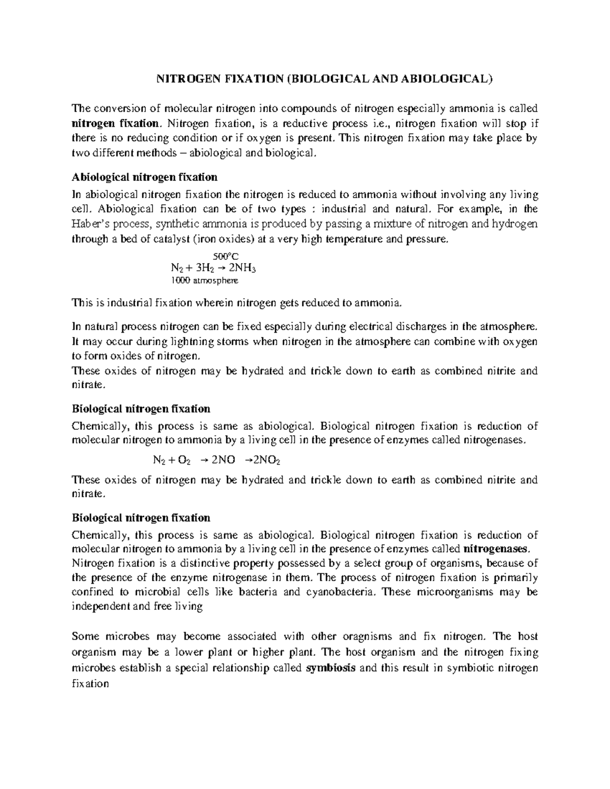 Nitrogen Fixation NITROGEN FIXATION (BIOLOGICAL AND ABIOLOGICAL) The