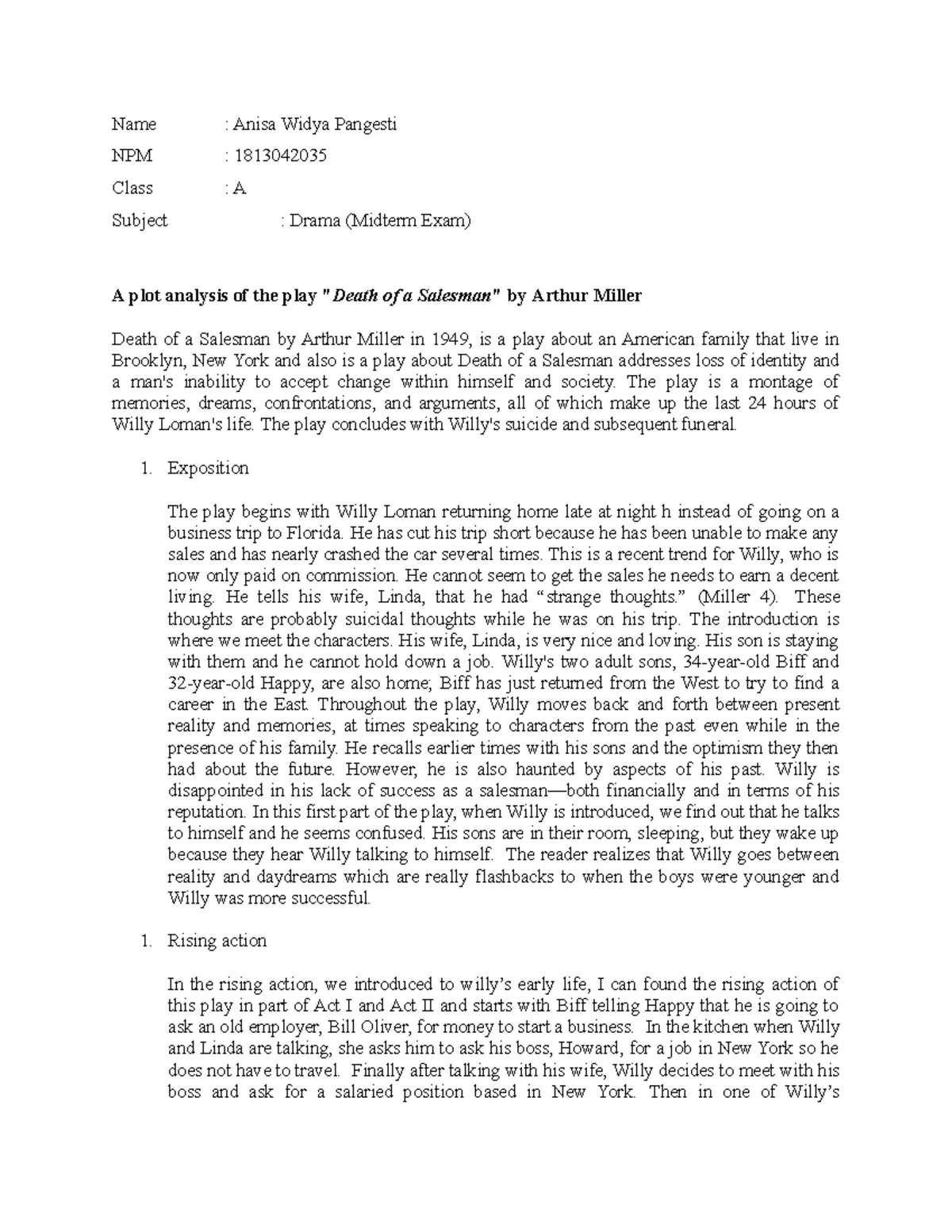 A plot analysis of the play "Death of a Salesman" by Arthur Miller
