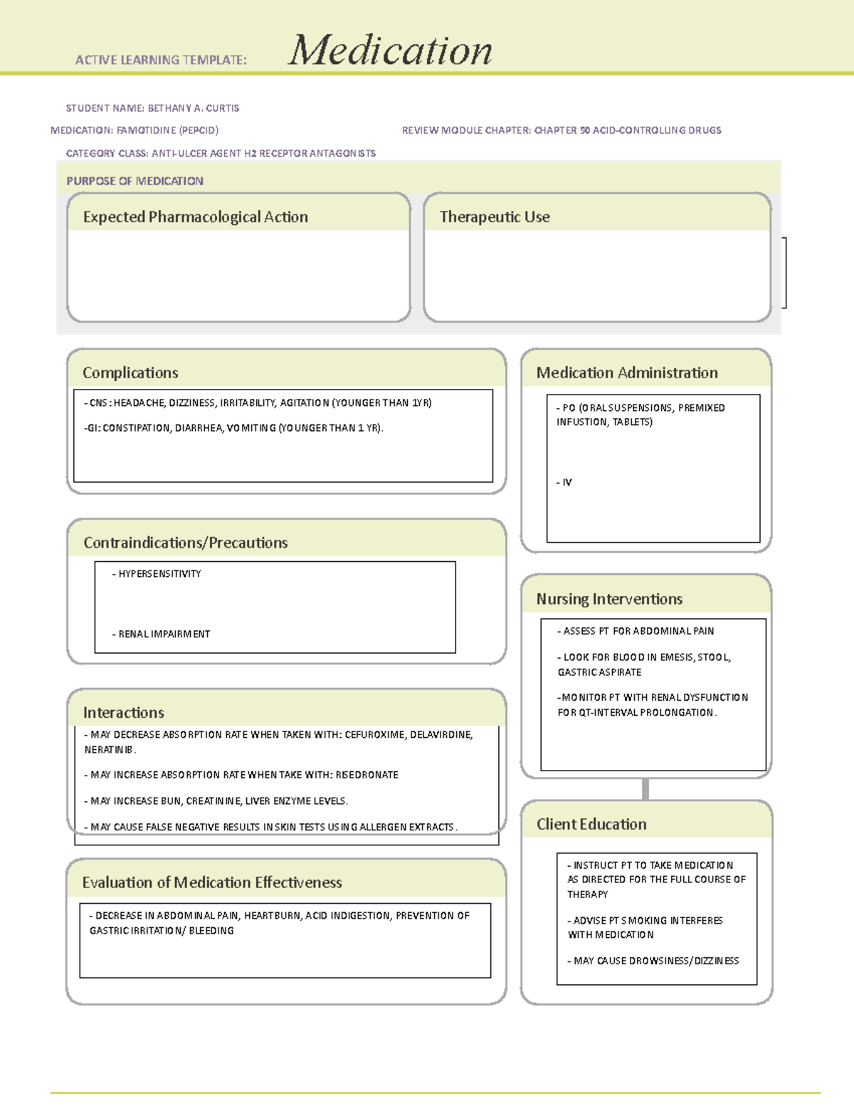 Famotidine Medication CARD STUDENT NAME: BETHANY A CURTIS MEDICATION