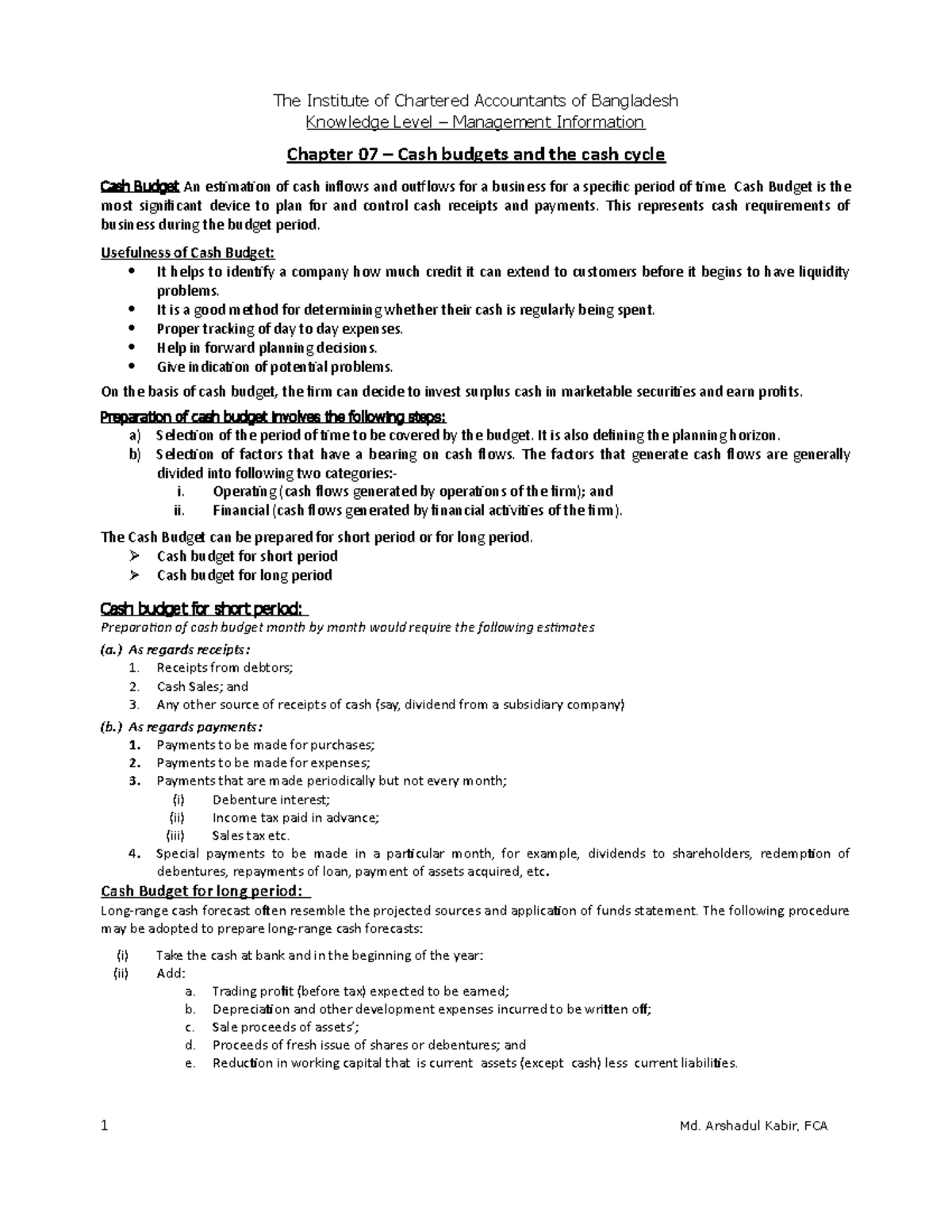 Chapter 07 Cash budget The Institute of Chartered Accountants of