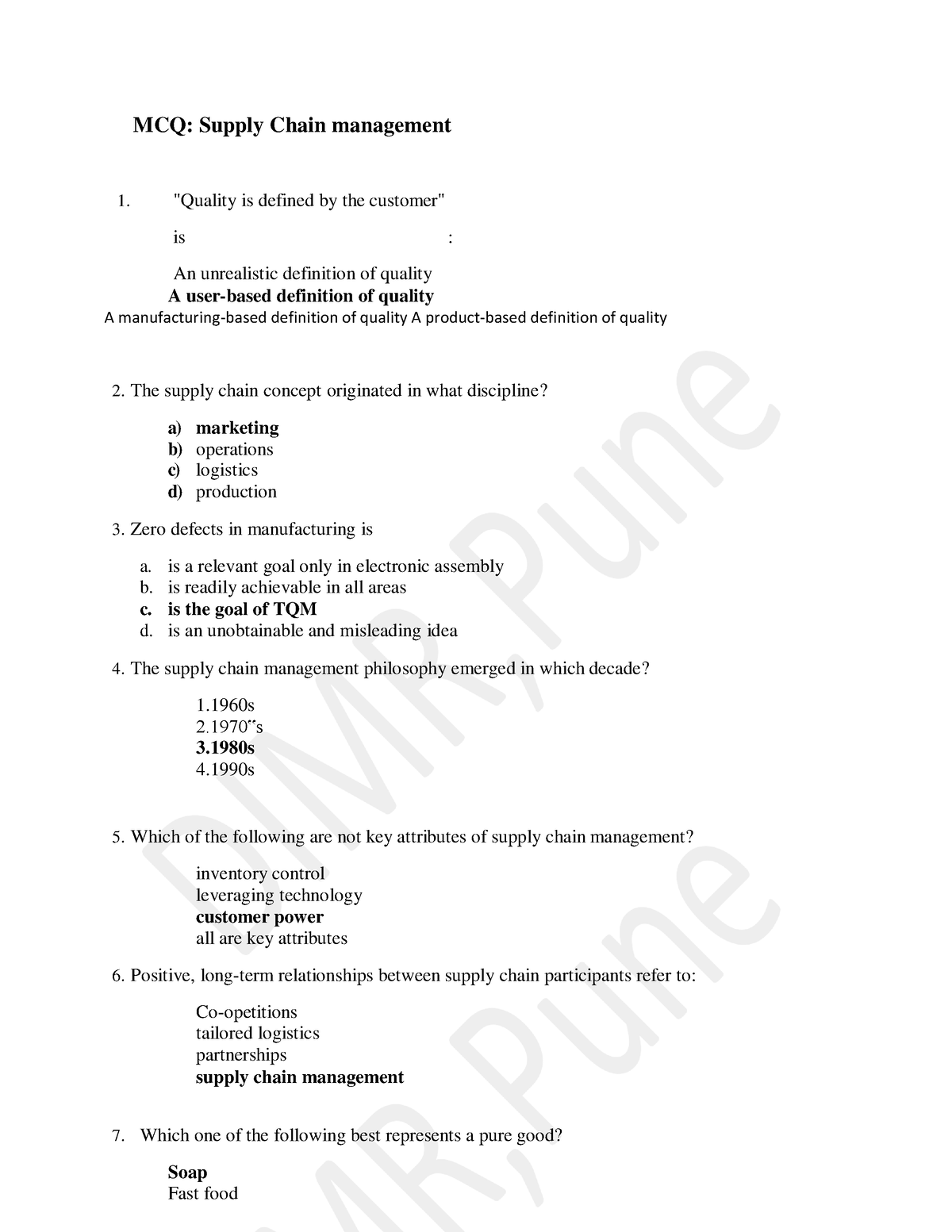 MCQs Of Supply Chain Management - MCQ: Supply Chain Management "Quality ...