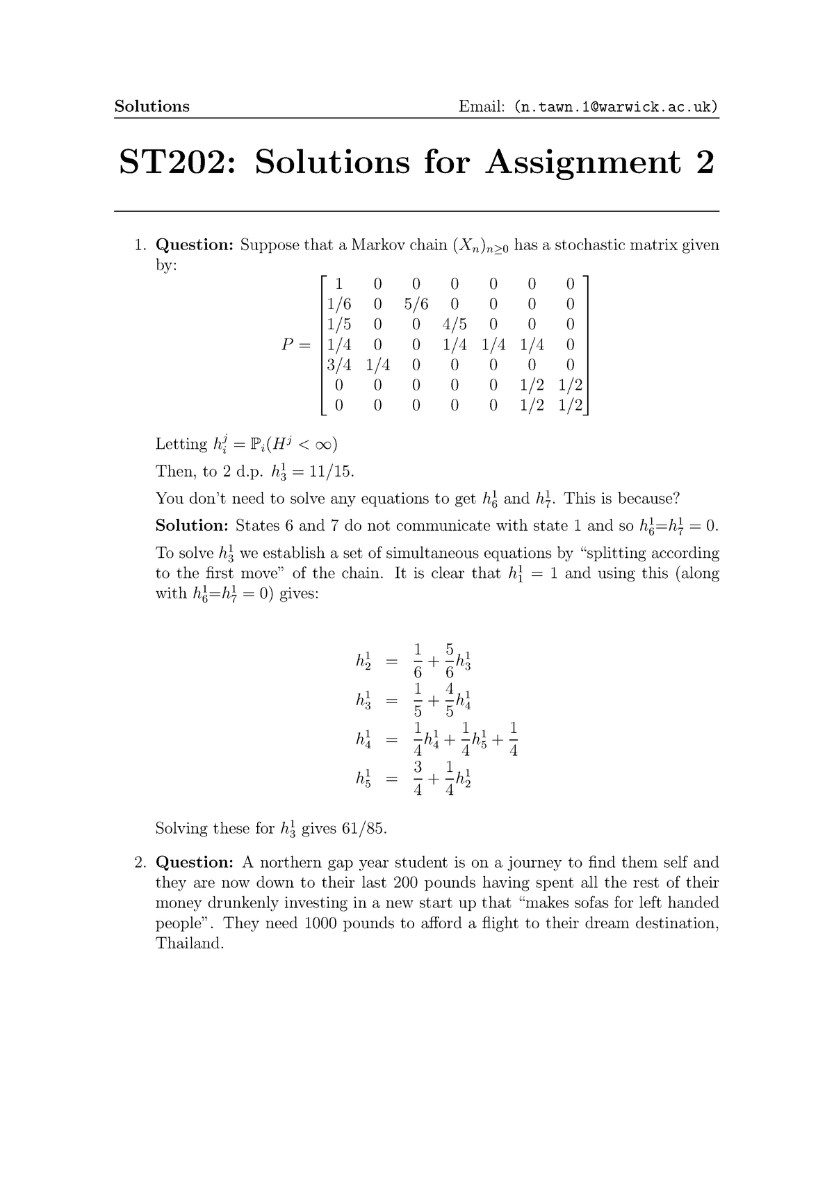 Solutions To Assignment 2 On ST202 - ST202: Solutions For Assignment 2 ...