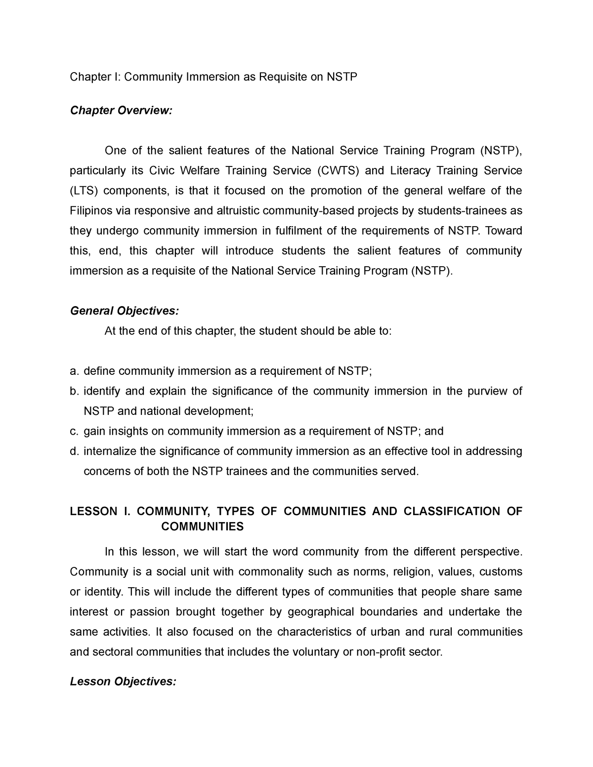 NSTP 2 Chapter 1 - Chapter I: Community Immersion As Requisite On NSTP ...