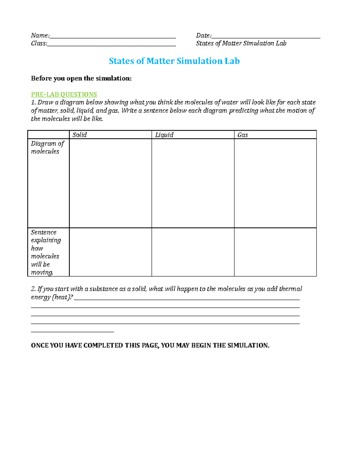 States Of Matter Phet Simulation Worksheet Answers