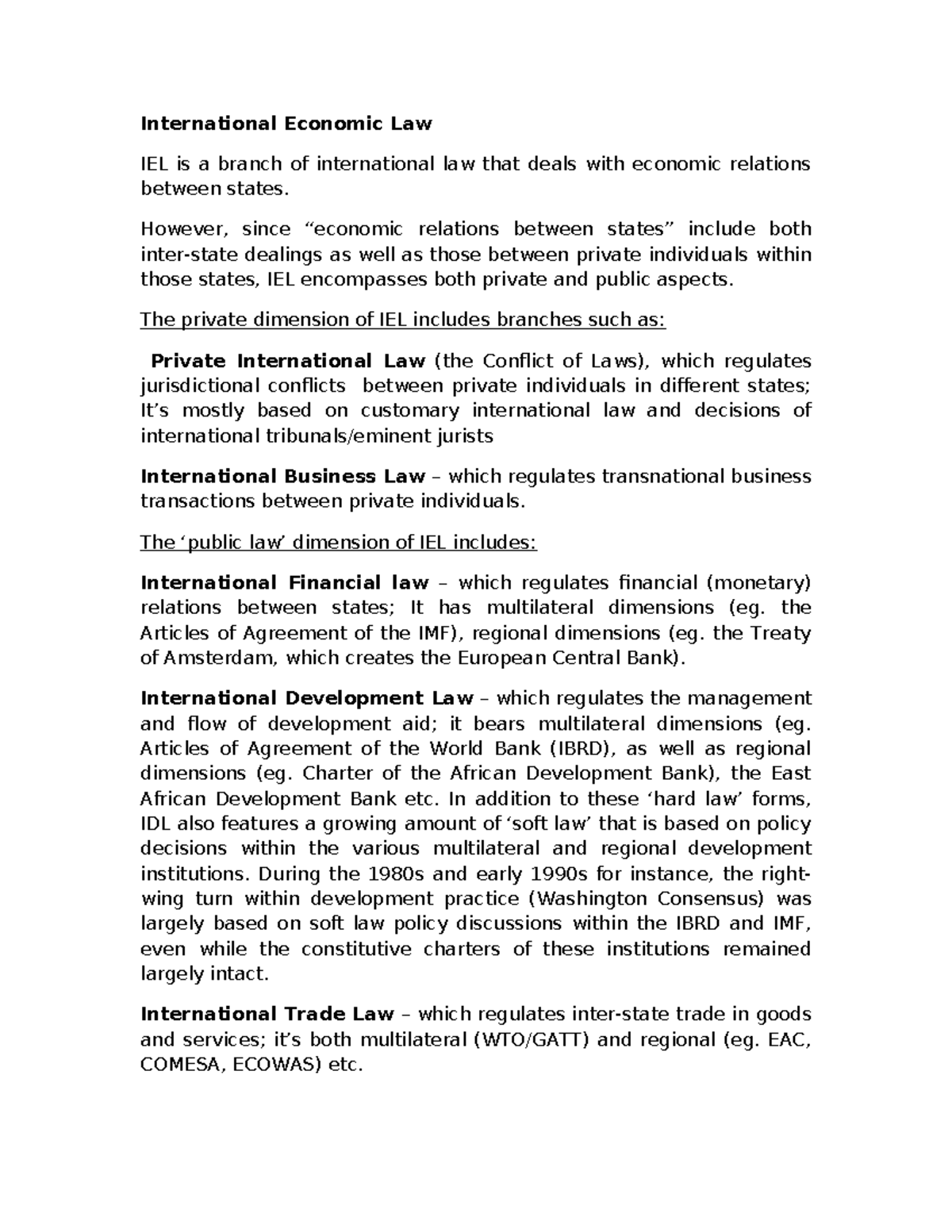International Economic Law Notes - International Economic Law IEL is a ...