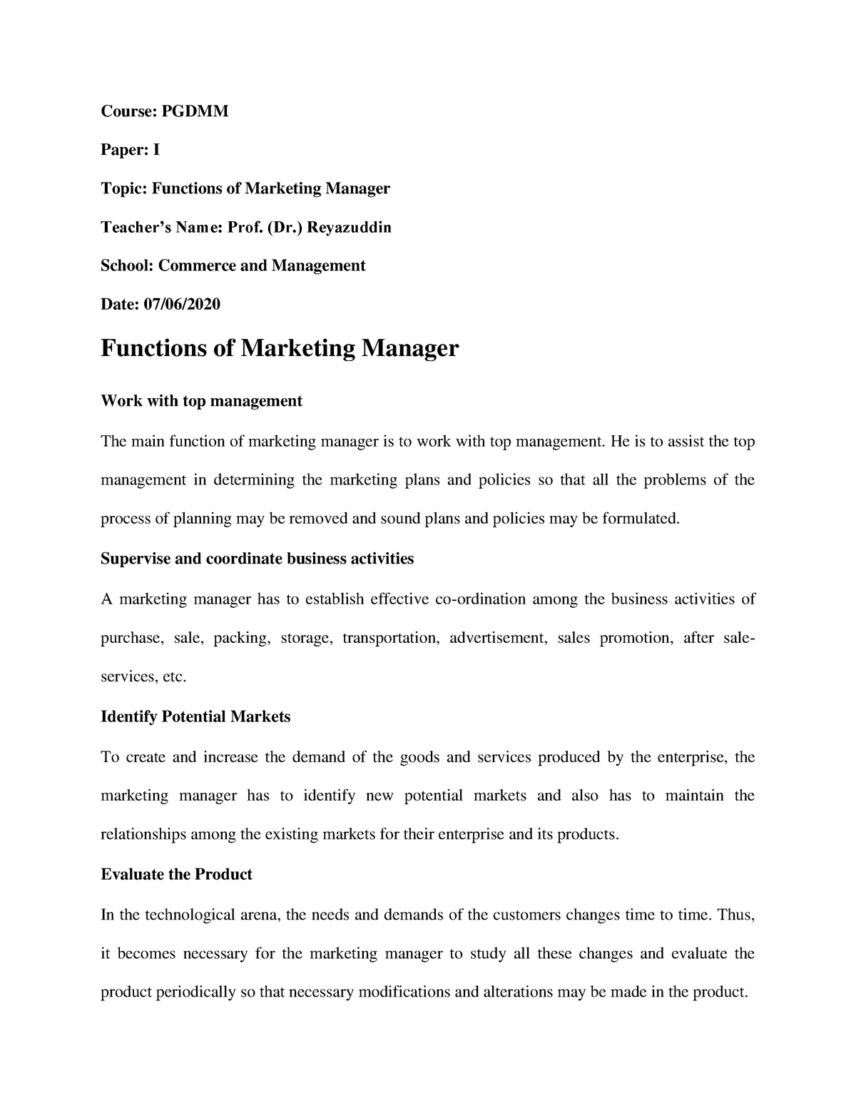 functions-of-marketing-manager-converted-course-pgdmm-paper-i-topic