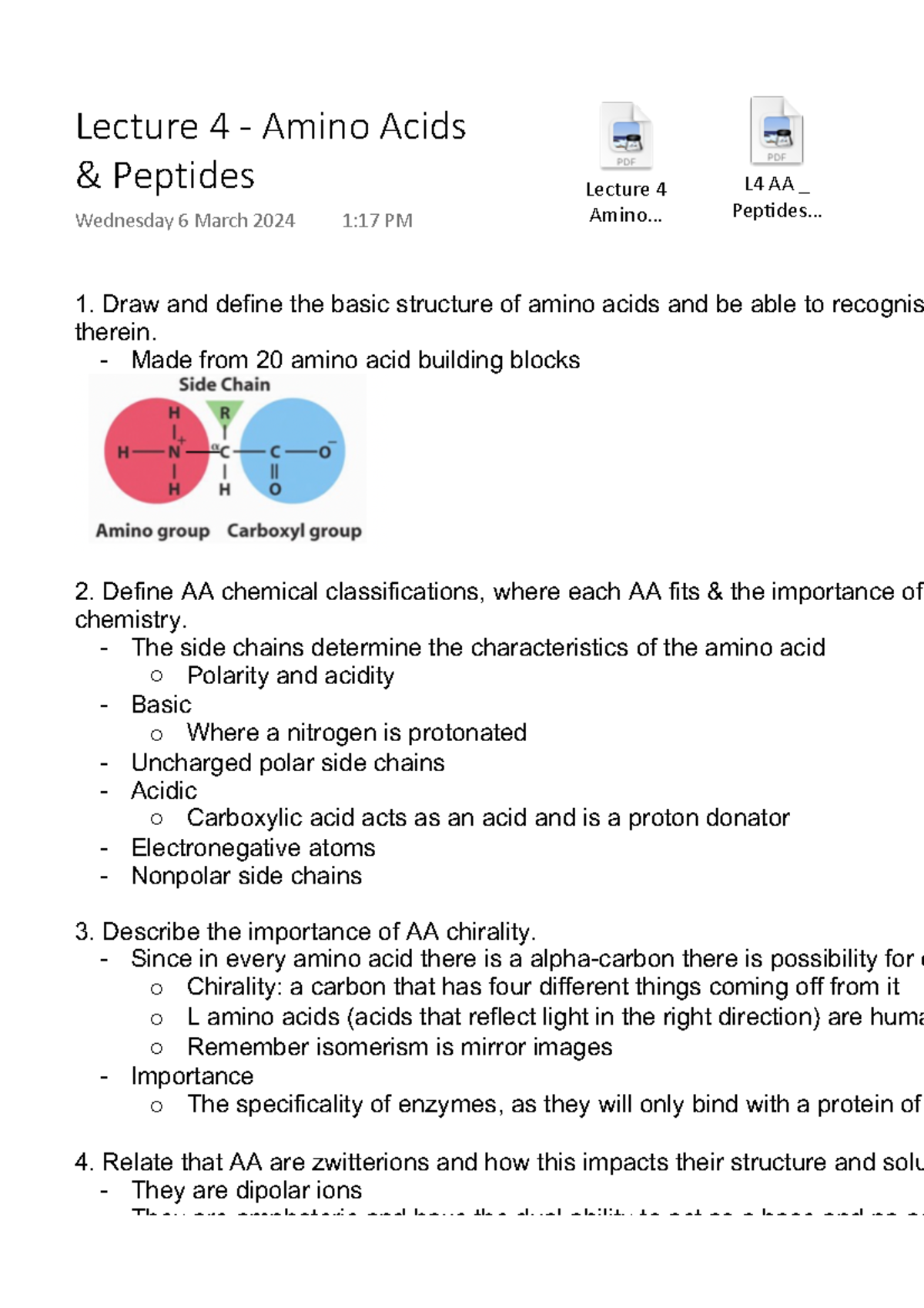 Lecture 4 - Amino Acids & Peptides - Draw and define the basic ...