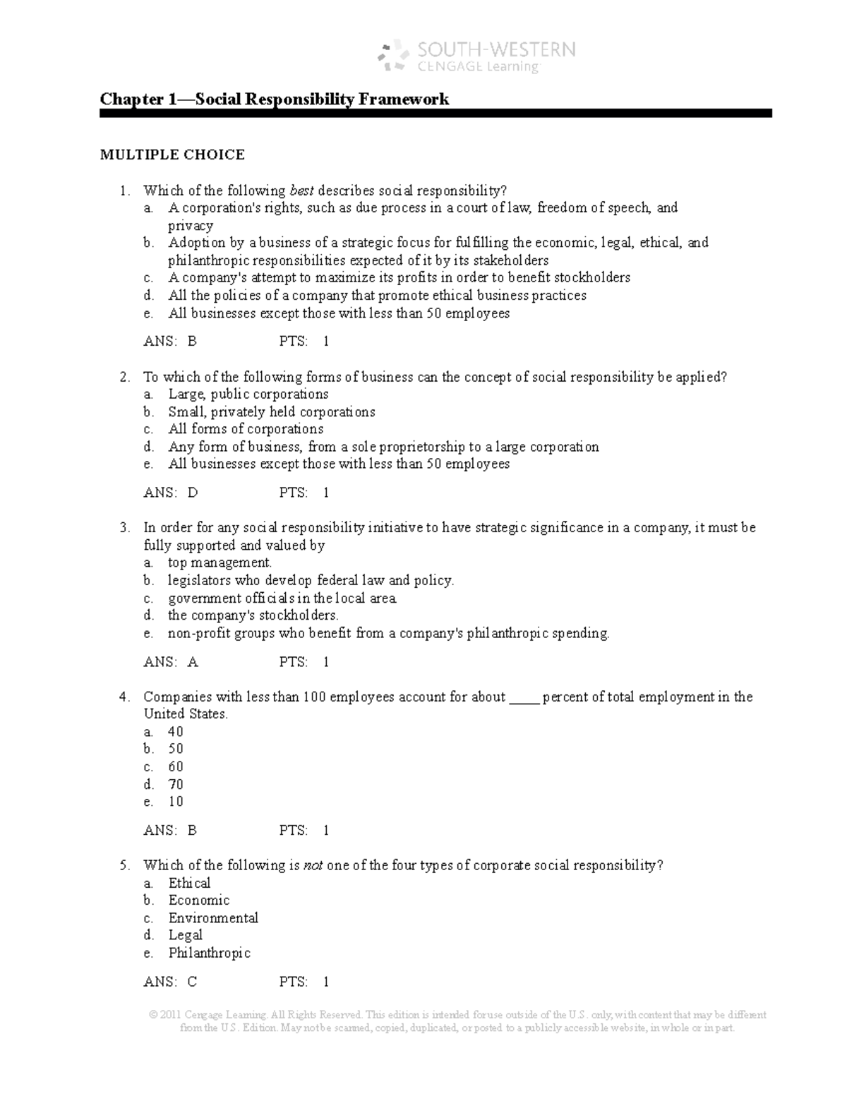 Test Bank 1 In CSR - Chapter 1—Social Responsibility Framework MULTIPLE ...