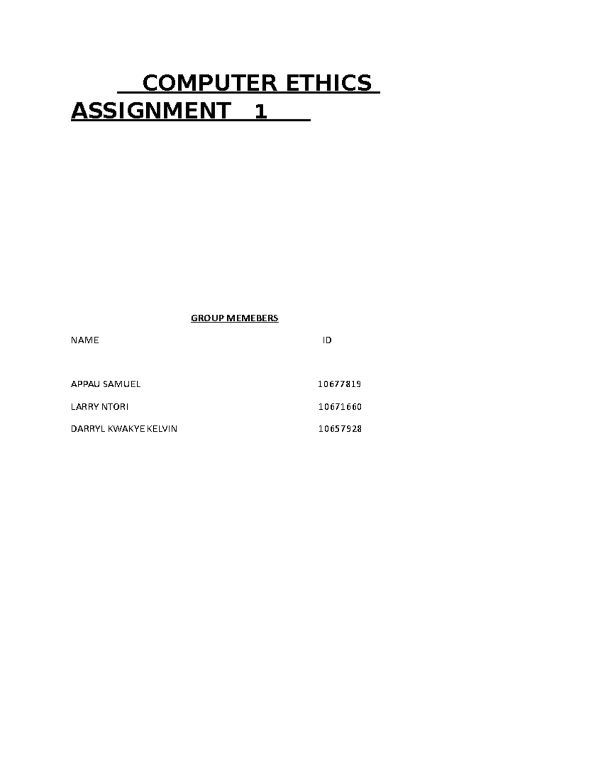 Department Of Computer Science Computer Ethics Assignment 1 Group Memebers Name Id Appau Department Of Computer Science Computer Ethics Assignment 1 Group Memebers Name Id Appau