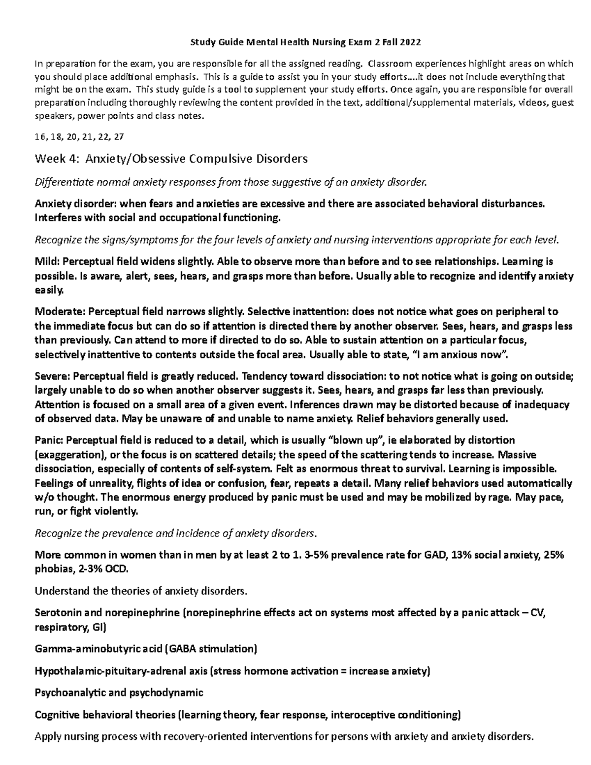 EXAM 2Study Guide Mental Health Nursing Study Guide Mental Health