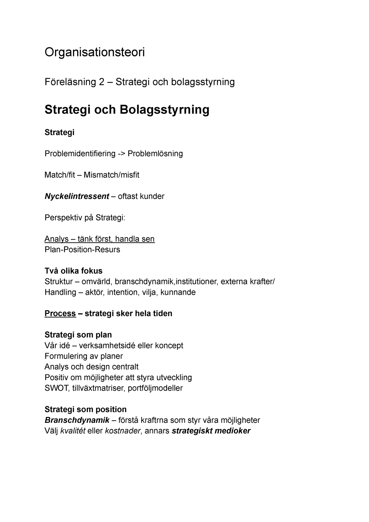 Organisationsteori - Organisationsteori Föreläsning 2 – Strategi Och ...