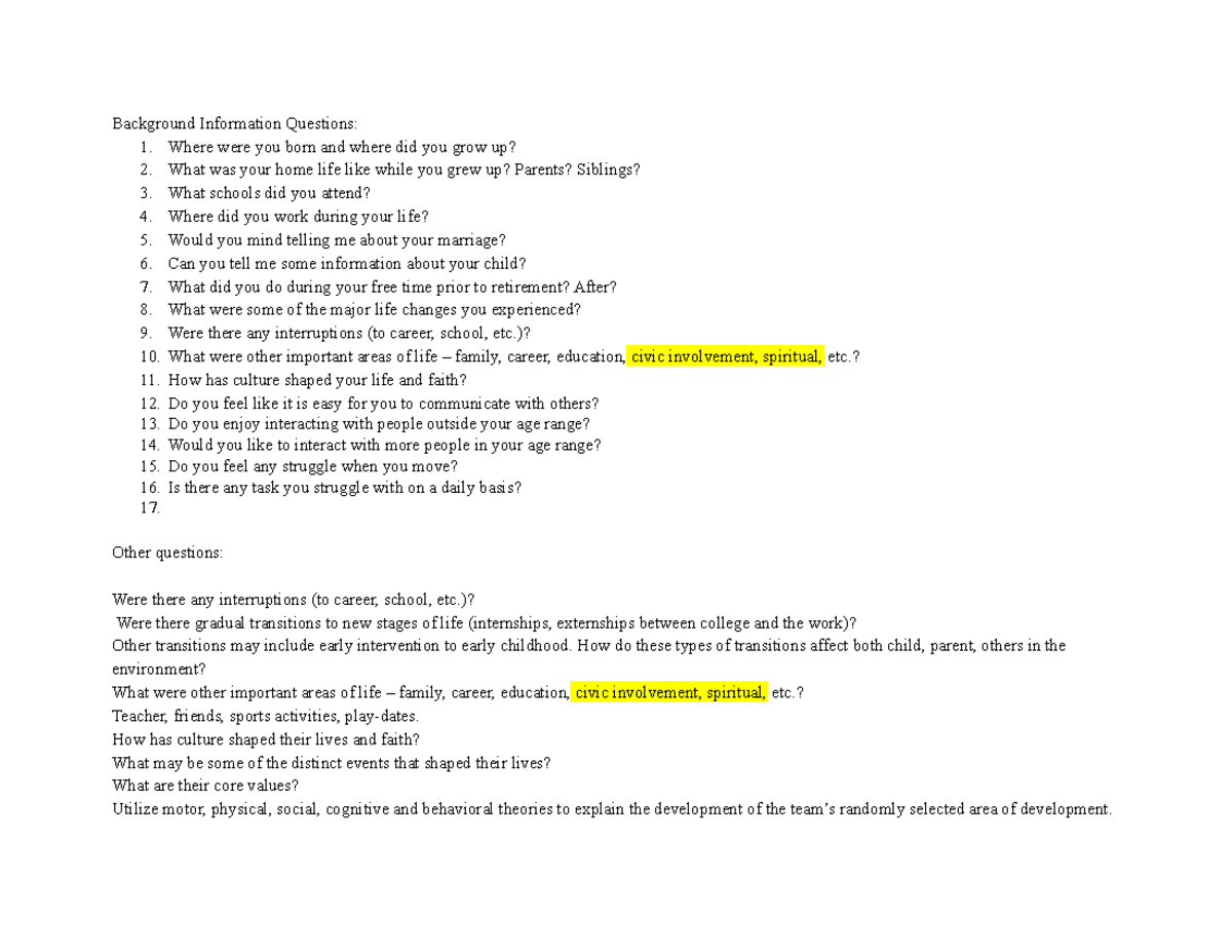 Questions and Observations Background Information Questions 1. Where