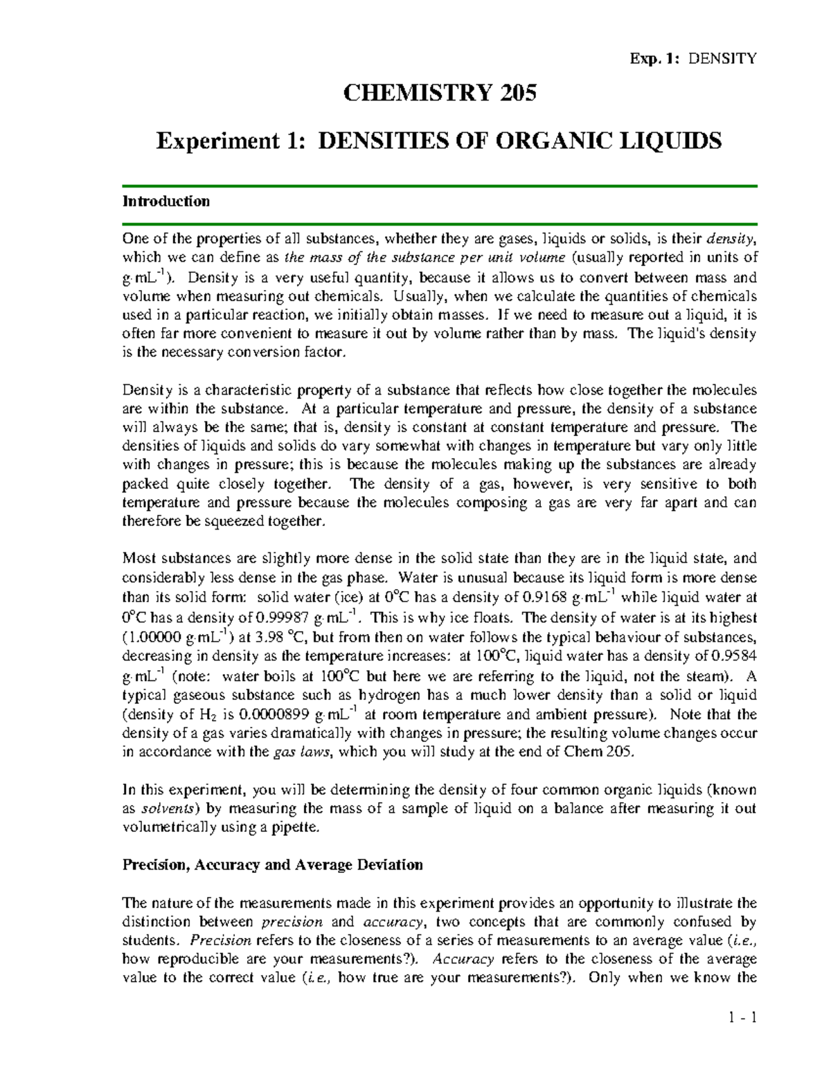 Exp1Density Chem 205 Experiment 1 Densities of LiquidsLab