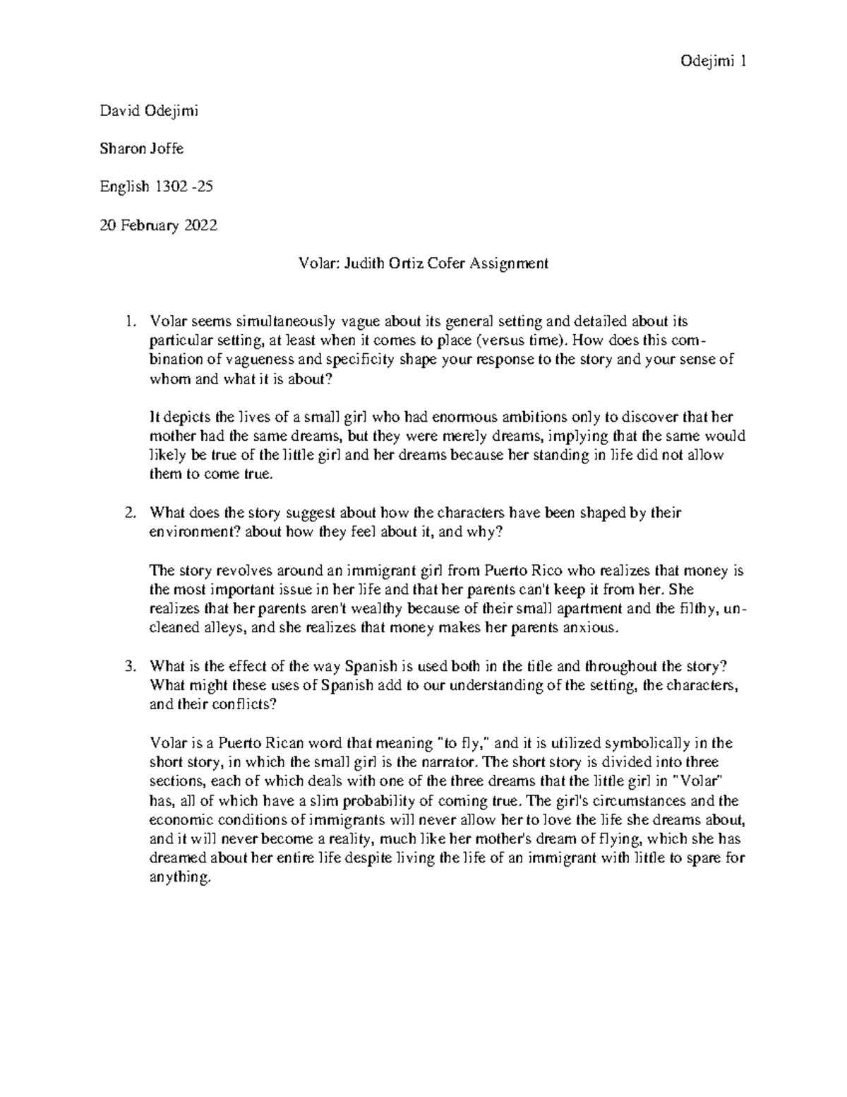 Volar Assignment Odejimi 1 David Odejimi Sharon Joffe English 1302 20 February 2022 Volar