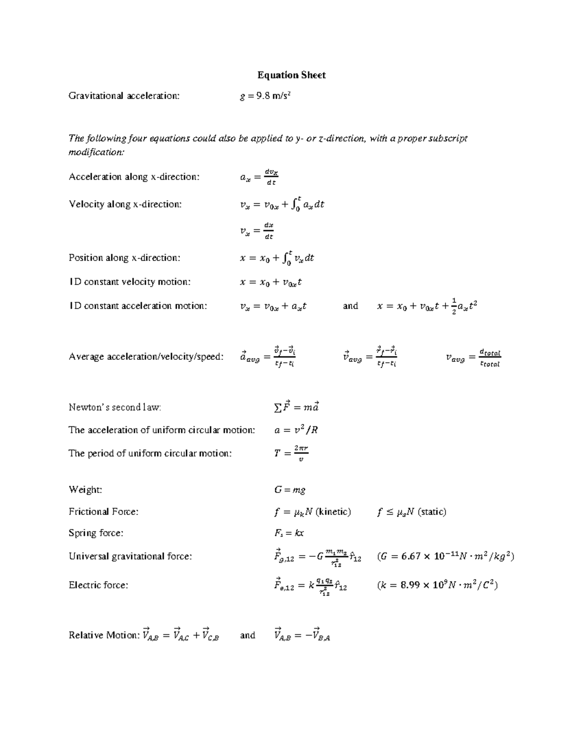 PHYS1401 Equation Sheet#1 - Equation Sheet Gravitational acceleration ...