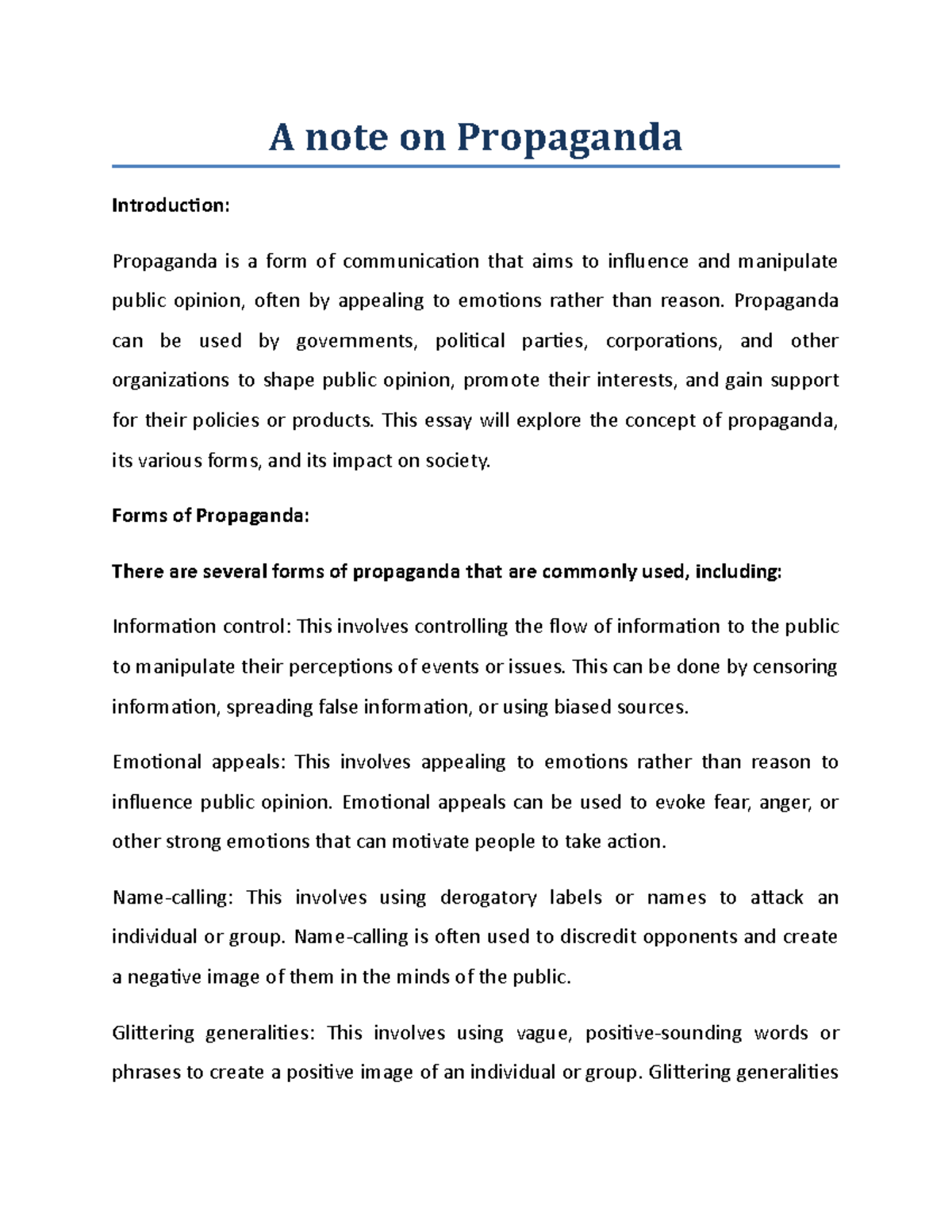 A note on Propaganda - A note on Propaganda Introduction: Propaganda is ...