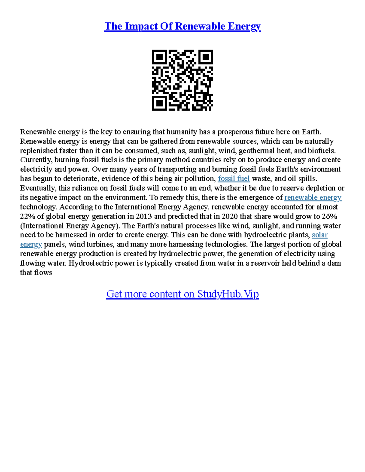 Essays On Renewable Energy - The Impact Of Renewable Energy Renewable ...