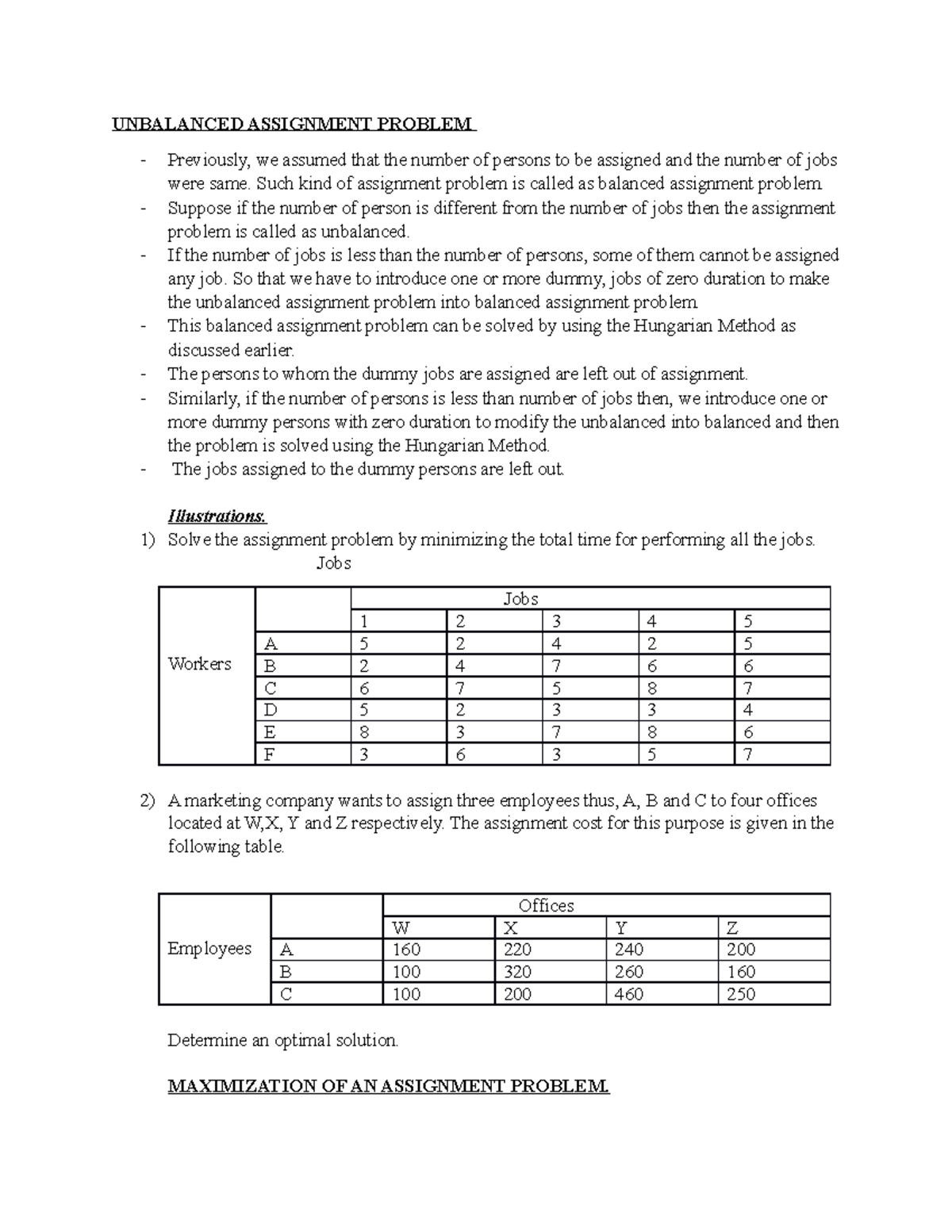 unbalanced assignment problem