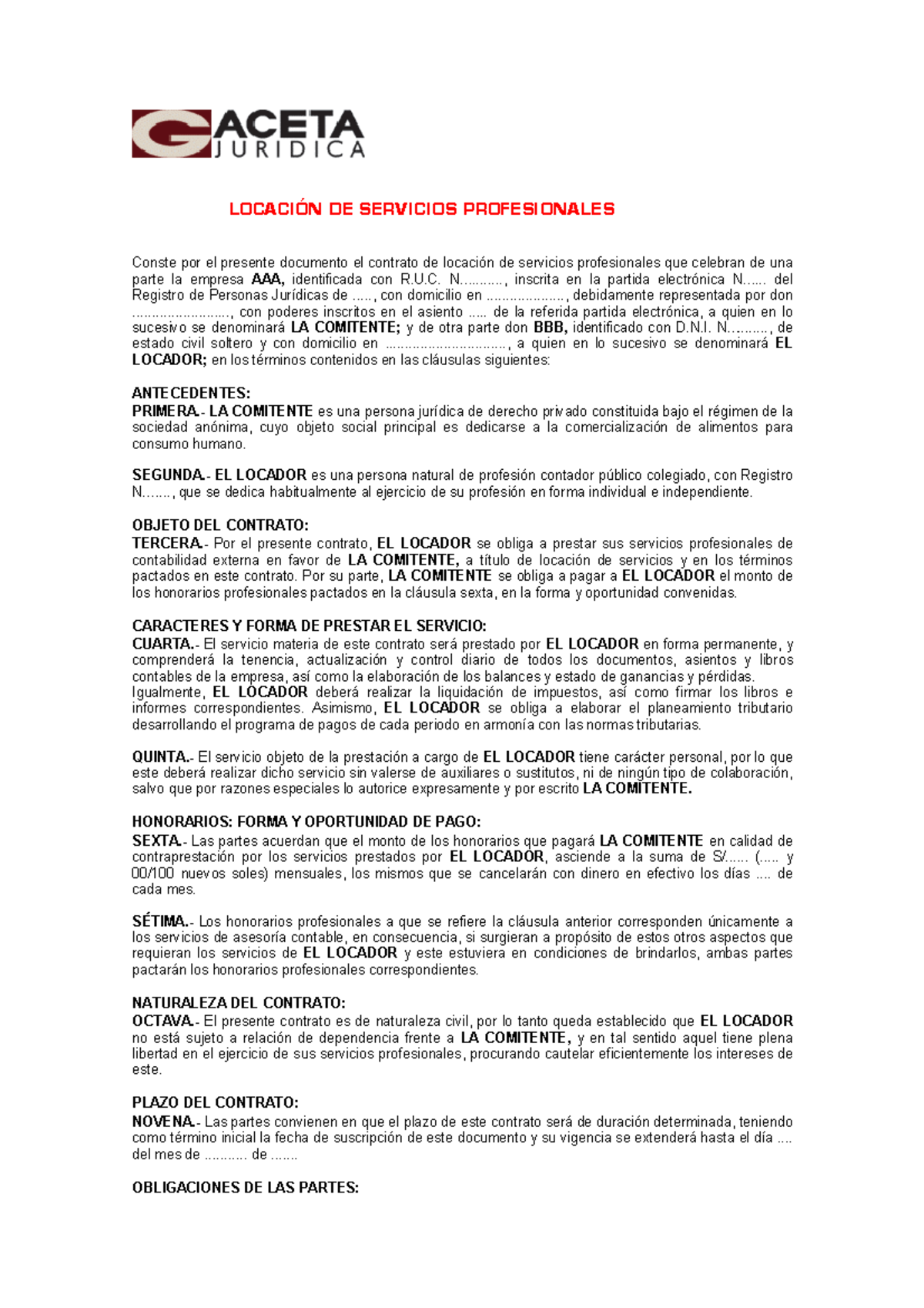 Modelo De Contrato De Locación - LOCACI”N DE SERVICIOS PROFESIONALES ...