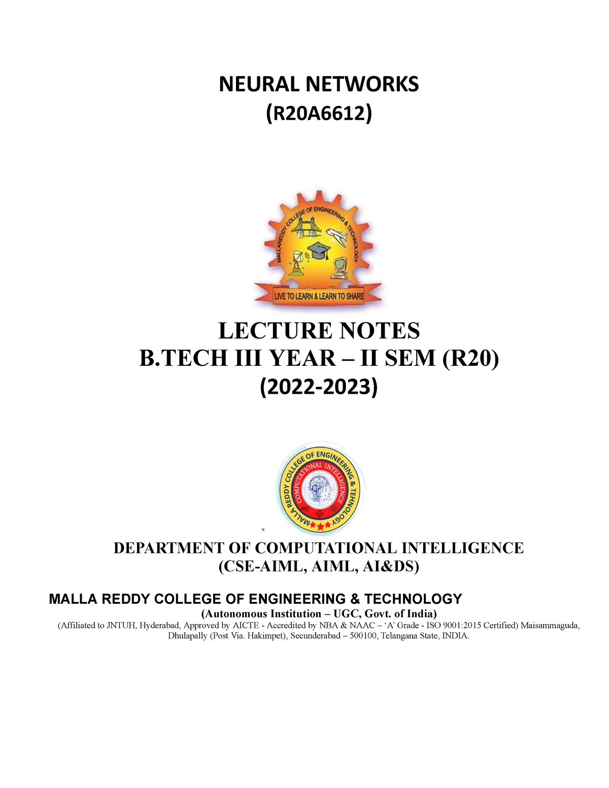 Neural-Networks Notes - NEURAL NETWORKS (R20A6612) LECTURE NOTES B III ...