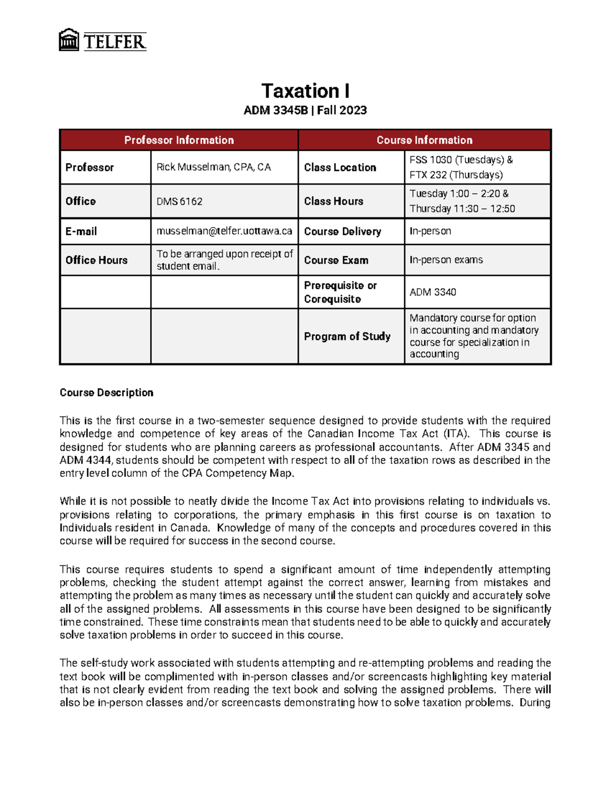 ADM 3345- Fall 2023- Course Outline - Taxation I ADM 3345B | Fall 2023 ...