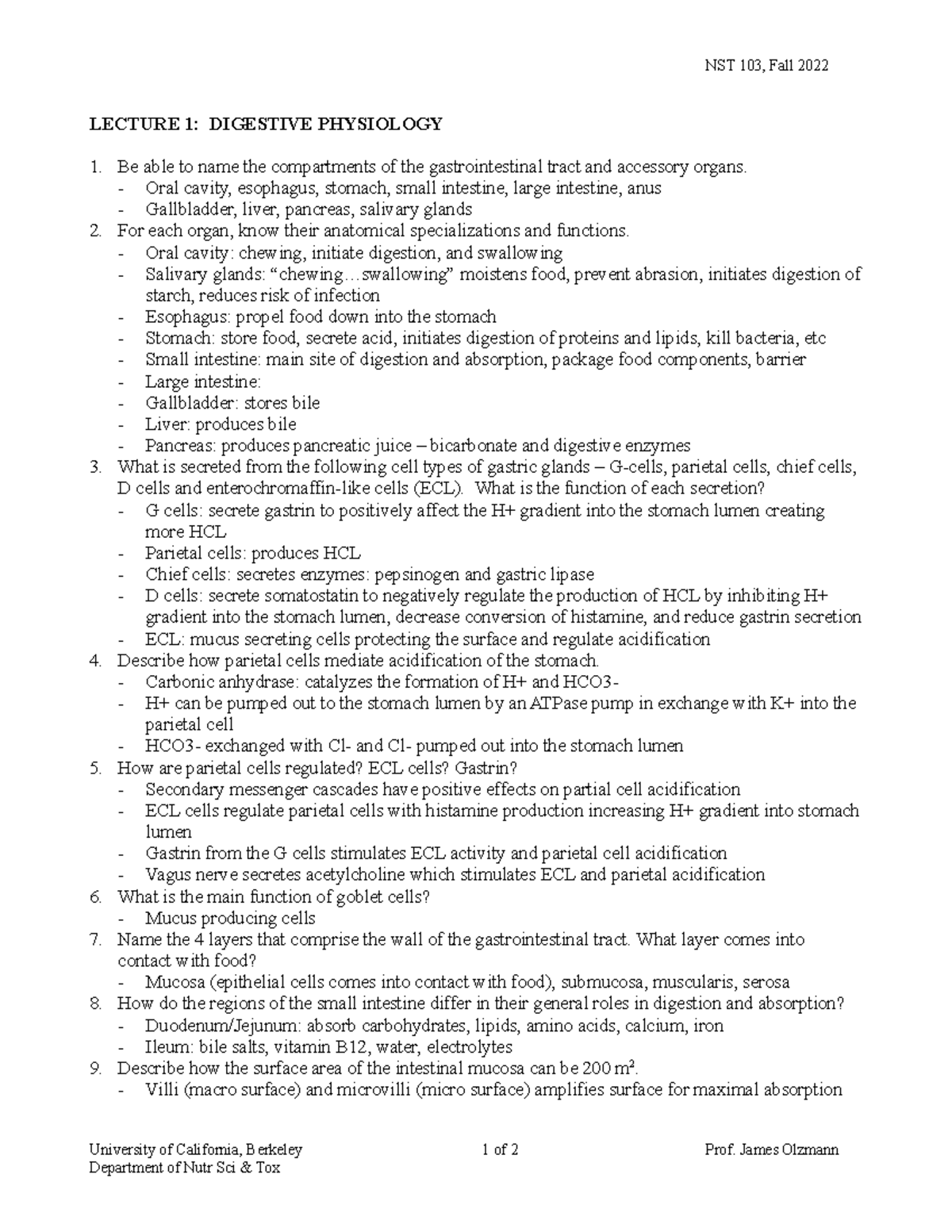 Lecture 1 - Study Guide - NST 103, Fall 2022 LECTURE 1: DIGESTIVE ...
