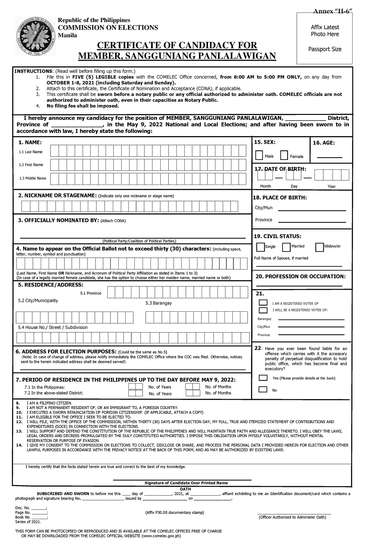 Annex H 6 Member Sangguniang Panlalawigan - Barangay City/Mun Province ...