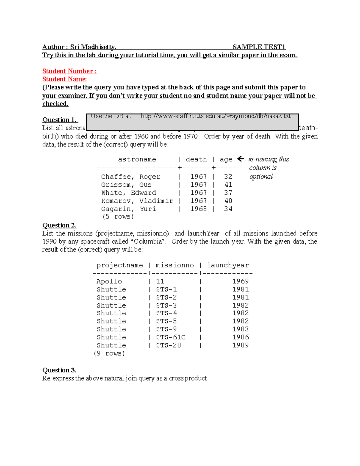 Tutorial 3 Sample Paper for SQL Test1 - Author : Sri Madhisetty. SAMPLE ...