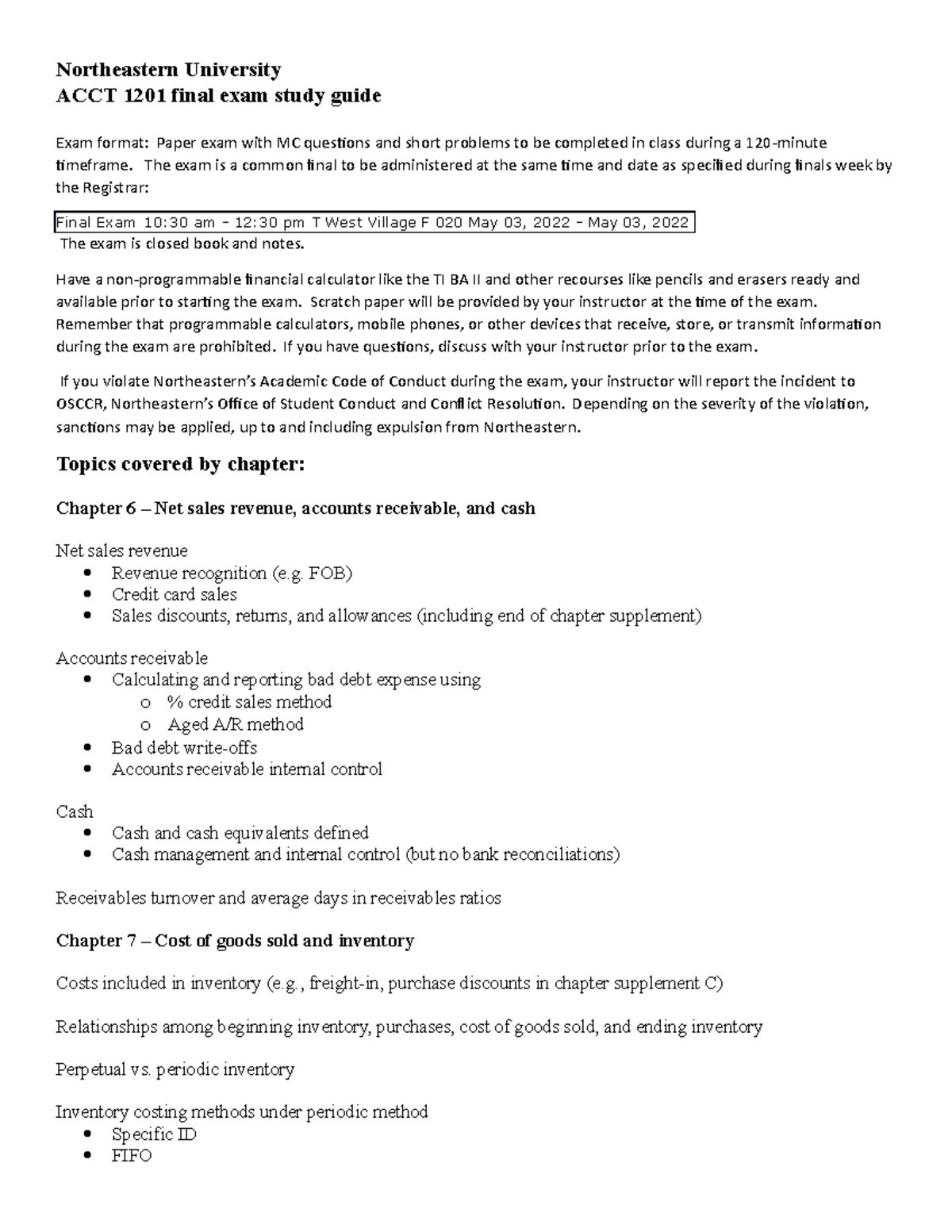 Final exam study guide Northeastern University ACCT 1201 final exam