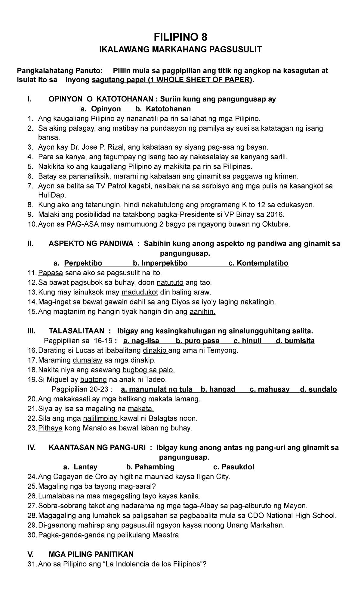 Unang Maikling Pagsusulit Sa Kasaysayan3rddocx Unang 6749