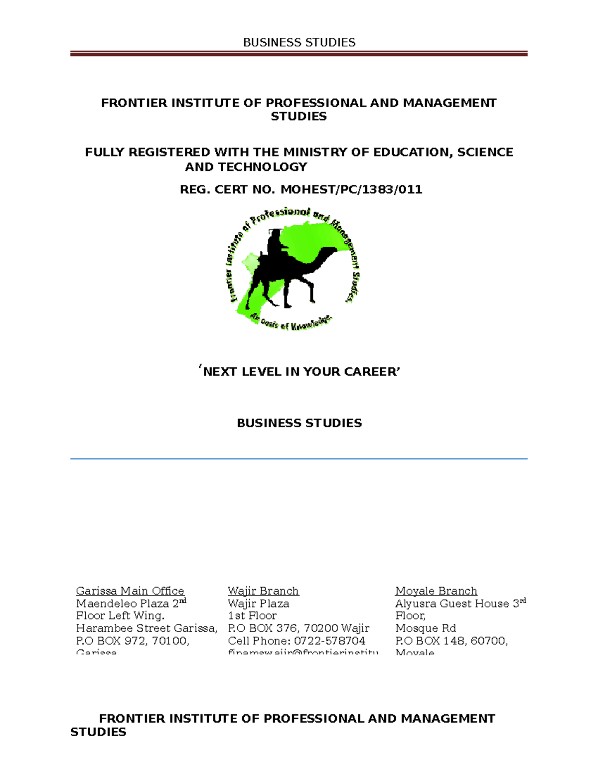 DBM 1101 Business Studies - FRONTIER INSTITUTE OF PROFESSIONAL AND ...