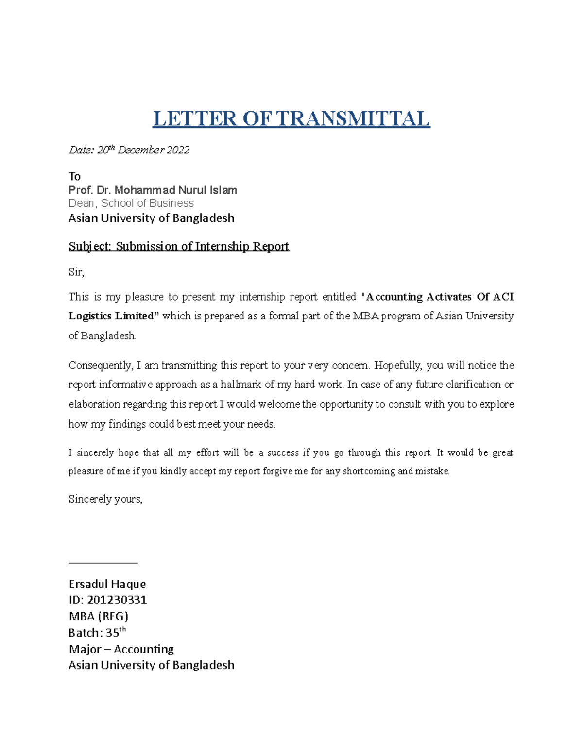 Internship Report - LETTER OF TRANSMITTAL Date: 20th December 2022 To ...