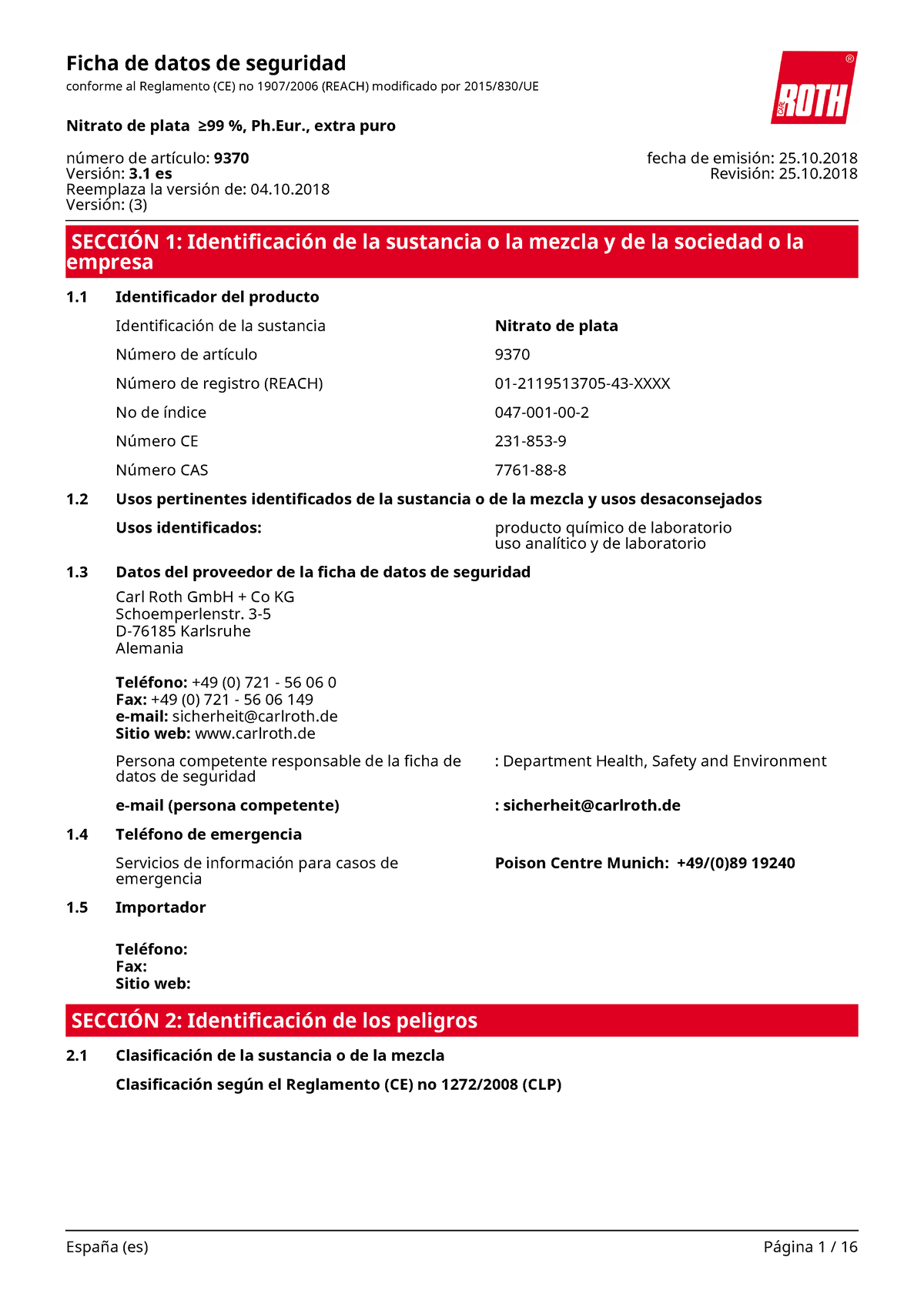 269 Plata Nitrato Hoja De Seguridad Del Nitrato De Plata SecciÓn 1