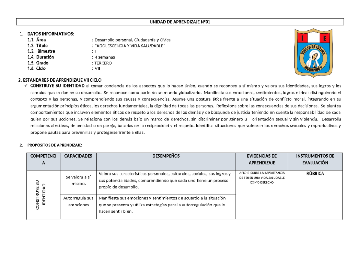 DPCC Unidad 1 - 3RO - UNIDAD DE APRENDIZAJE N° 1. DATOS INFORMATIVOS: 1 ...