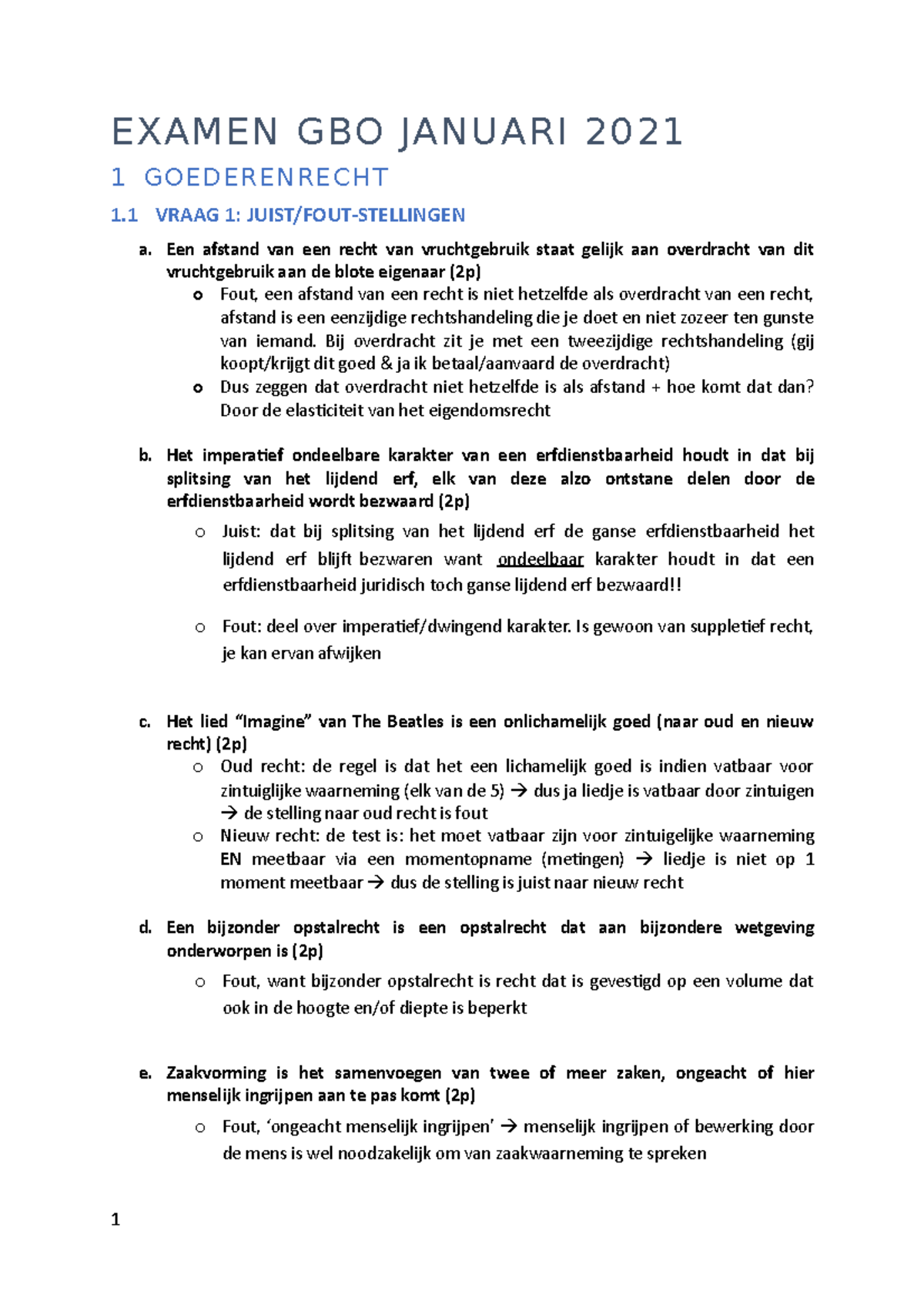 Examen GBO Januari 2021 - EXAMEN GBO JANUARI 2021 1 GOEDERENRECHT 1 ...