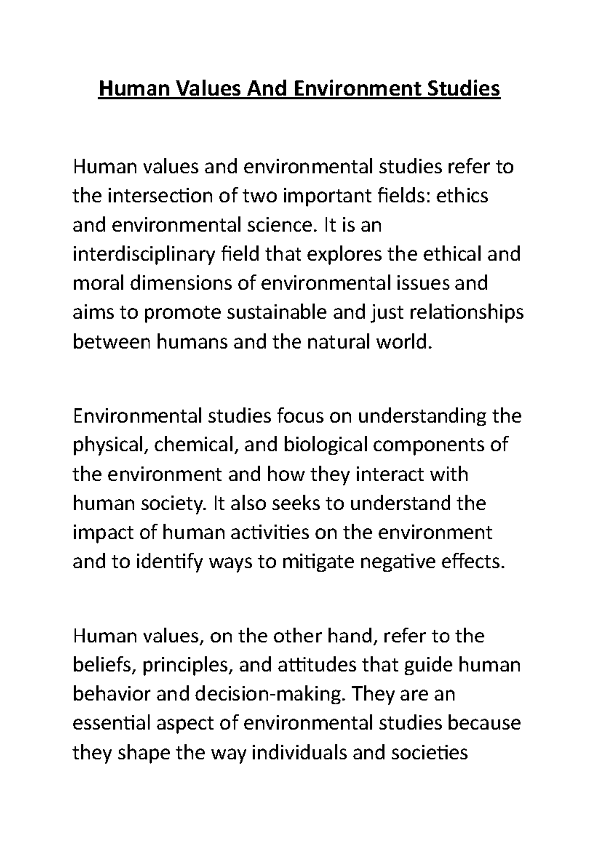 Human Values And Environment Studies - It Is An Interdisciplinary Field ...