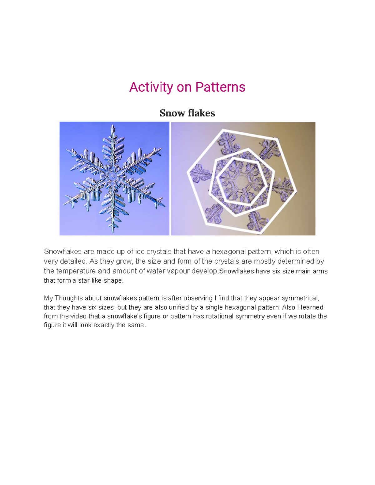 Activity on Patterns fibonnaci Activity on Patterns Snow flakes