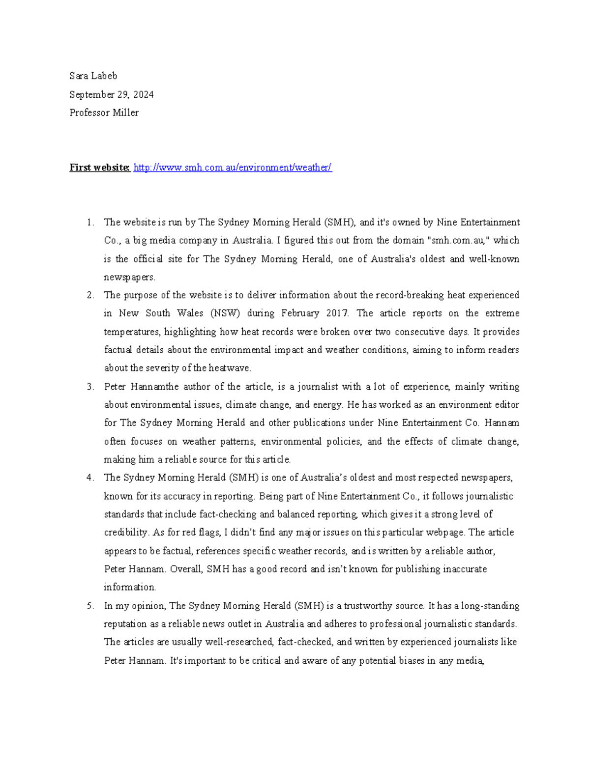 Website Evaluation notes Sara Labeb September 29, 2024 Professor