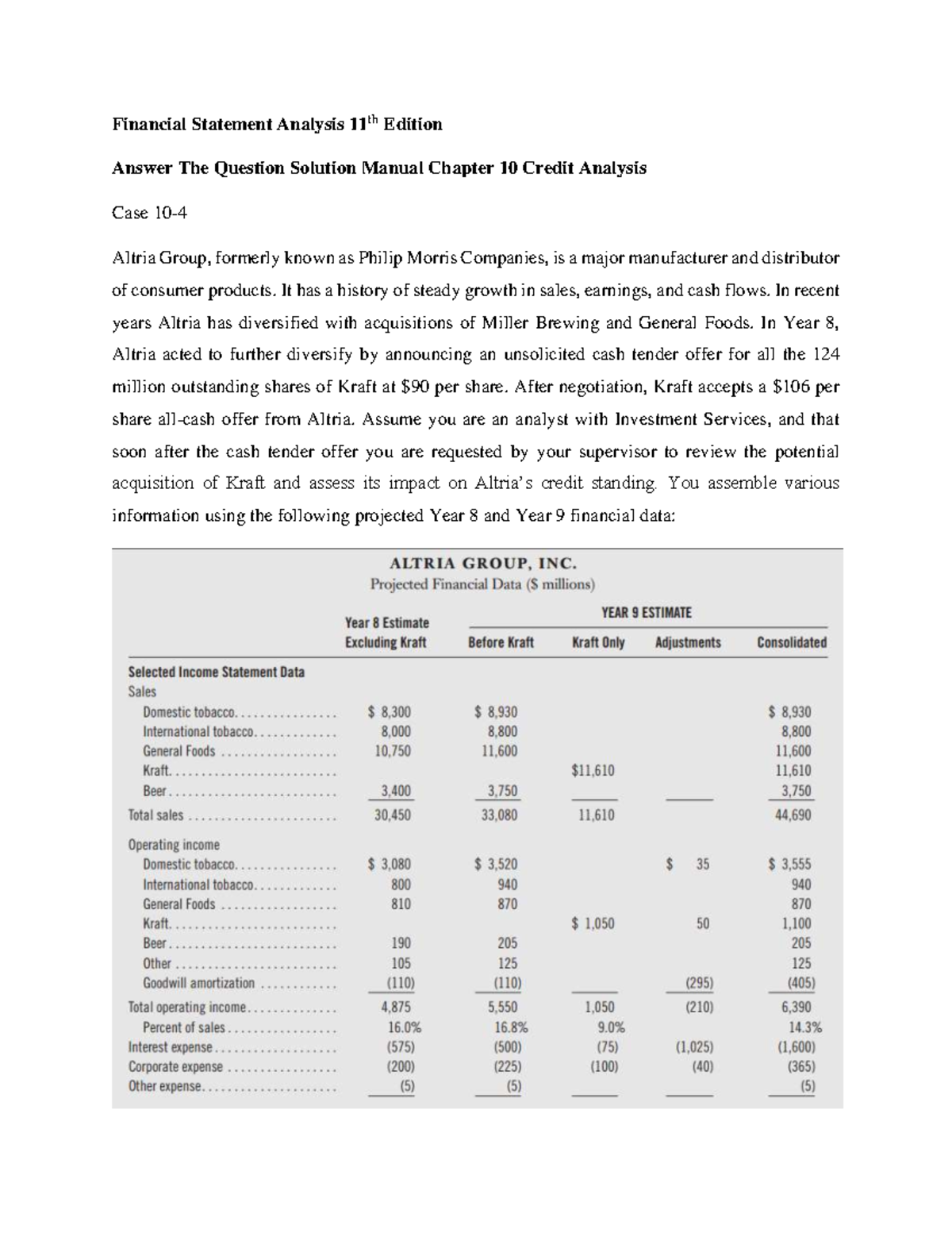 Financial Statement Analysis 11th Edition Solution Manual Case 10 4 Chapter 10 Credit Analysis